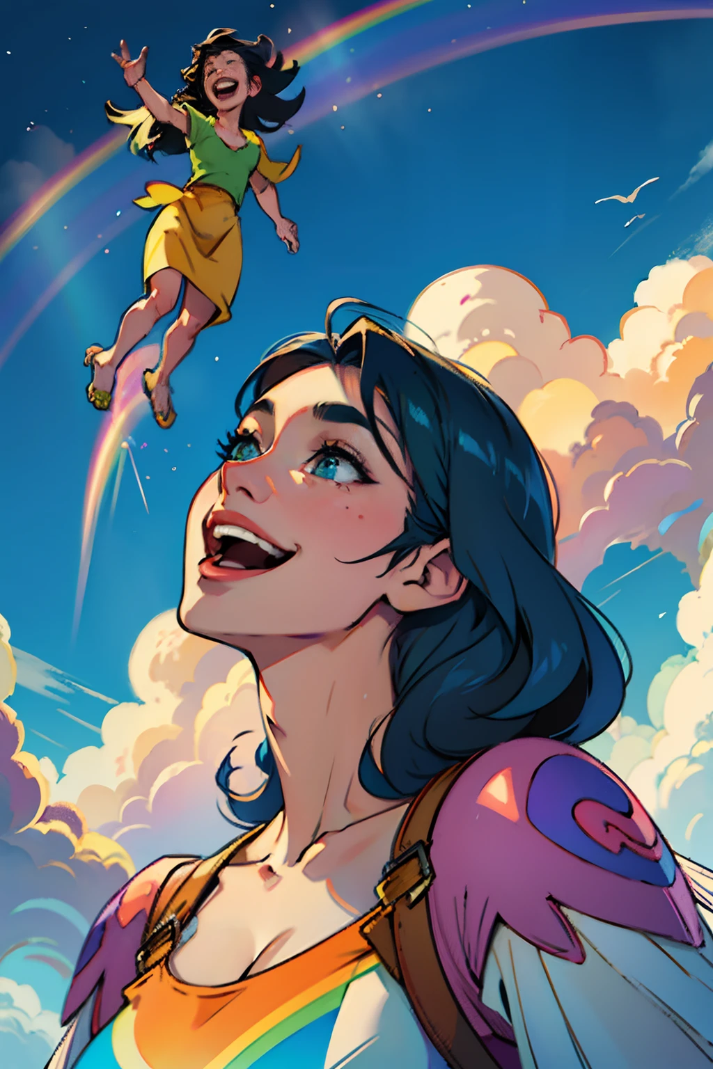 A happy woman, having a psychedelic hallucination, looking up to the sky and laughing, background is clouds and rainbow colors, mood is delight, imagination, dreamy, daytime light, character design.