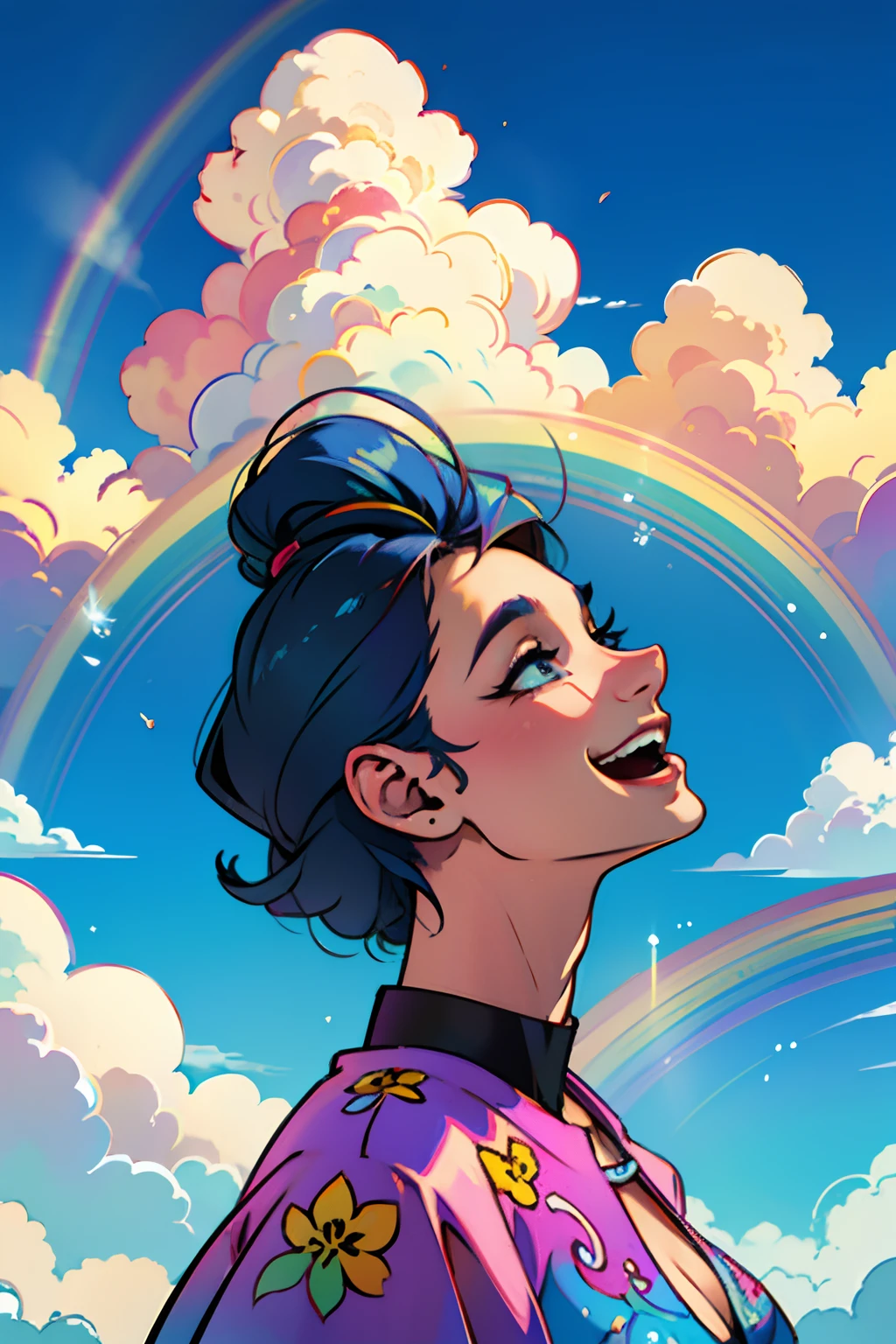 A happy woman, having a psychedelic hallucination, looking up to the sky and laughing, background is clouds and rainbow colors, mood is delight, imagination, dreamy, daytime light, character design.