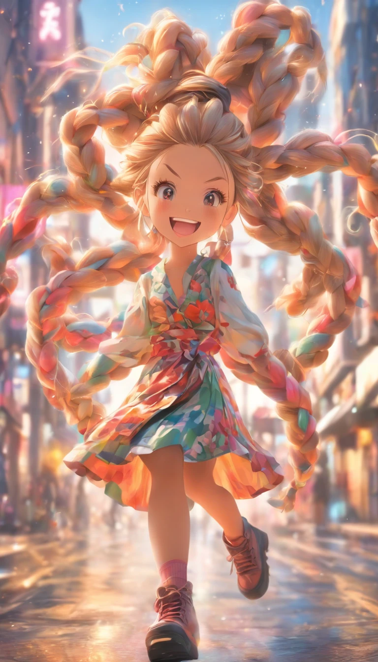 Genki girl,Twist braids,vivaciousness,adolable,Floral dress,Small leather boots,big laughter,Full body like,dances,The face is meticulously depicted,Street crossroads