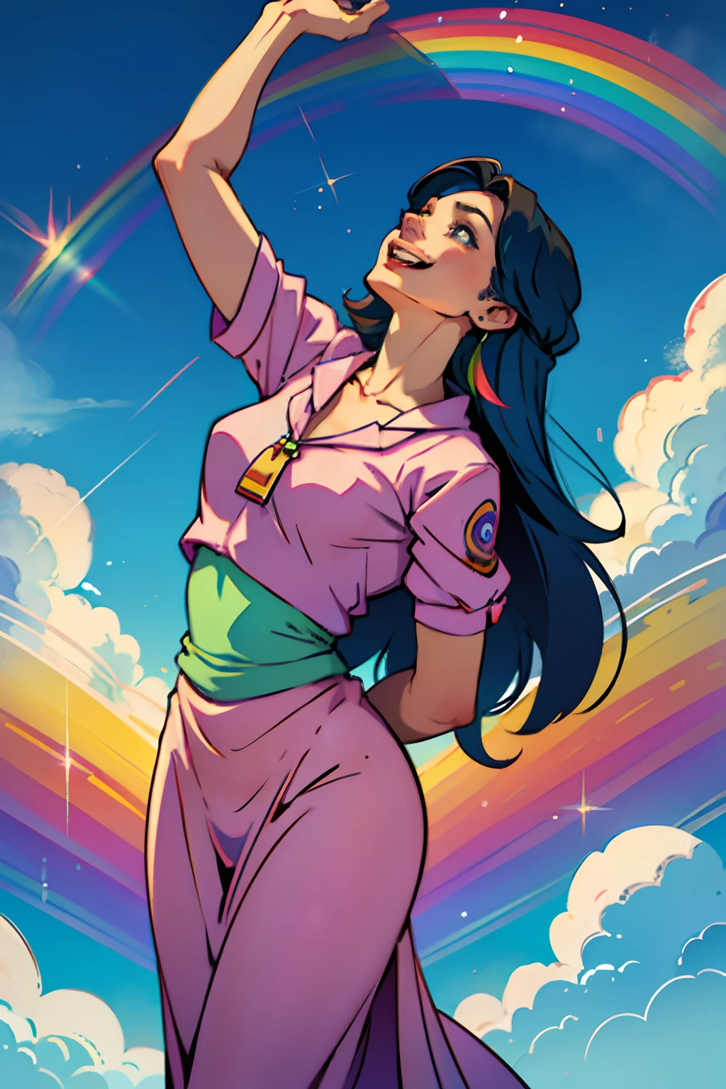 A happy woman, having a psychedelic hallucination, looking up to the sky and laughing, background is clouds and rainbow colors, mood is delight, imagination, dreamy, daytime light, character design.