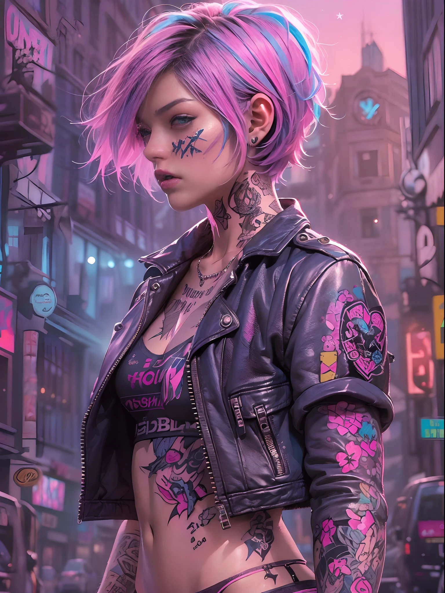 (((of the highest quality: 1.4))),(unparalleled masterpiece ever), (Ultra high definition),(Ultra-realistic 8K CG), offcial art、 (((adult body))), (((1girl in))), ((( Bob Shorthair ))), Punk girl with a perfect body, Jacket with metal spines,Beautiful and well-groomed face,,Detailed punk fashion,leather jackets, (Image from head to thigh),(( Bob shorthair with blue highlights on pink )), Small leather panties, Simon Bisley's urban savage style,Detailed street background of London,Clean abs, Complex graphics, dark pink with pink stars and gray and white stripes,,, (( Many poisonous tattoos )), ,