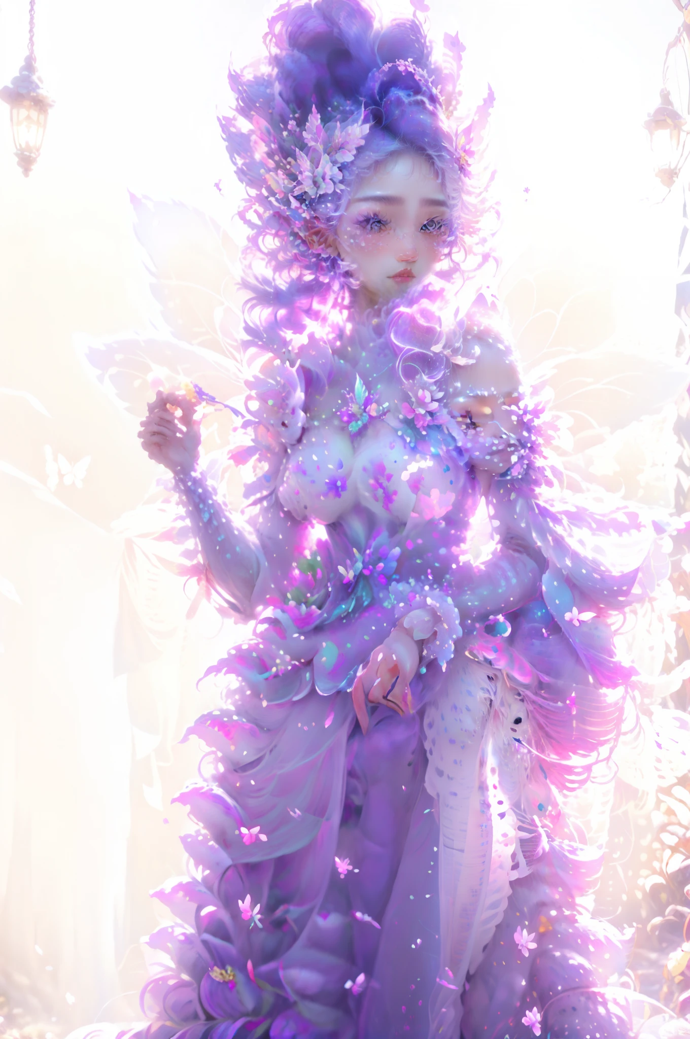 (best quality,4k,8k,highres,masterpiece:1.2), ultra-detailed, (realistic,photorealistic,photo-realistic:1.37), a woman in a purple dress and a purple hat, Fairy Queen in an open field, magical forest, enchanting flowers blooming, butterflies dancing in the air, rays of sunlight filtering through the trees, ethereal atmosphere, vibrant colors, dreamlike setting, whimsical style