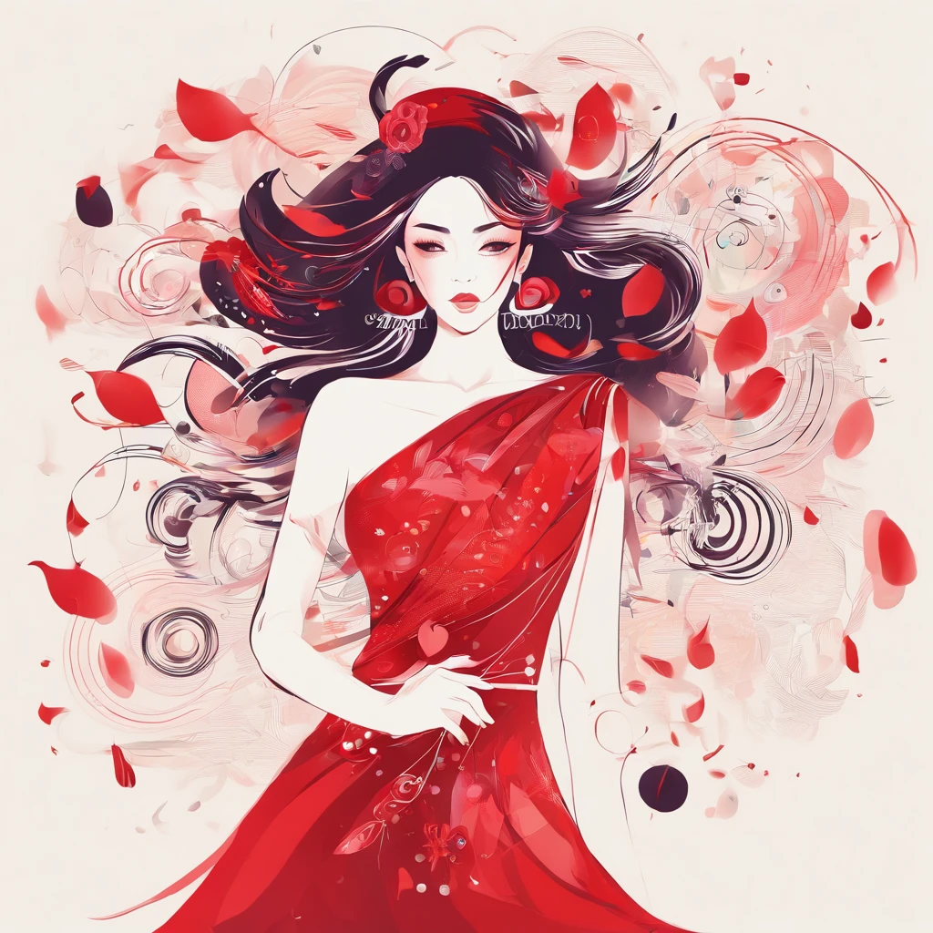 a girl in red dress,Focus on catching coins falling from the sky,She bathes in love and wealth。