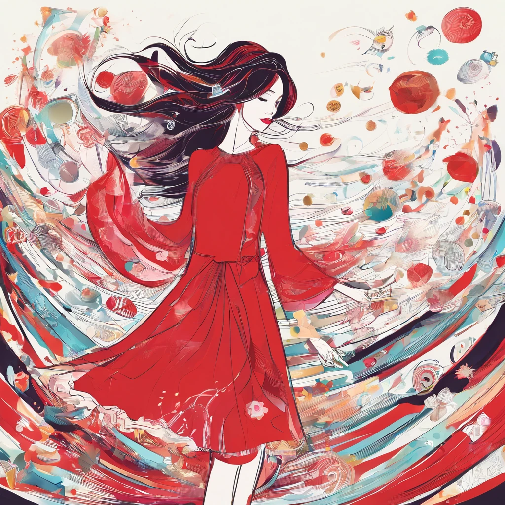 a girl in red dress,Focus on catching coins falling from the sky,She bathes in love and wealth。
