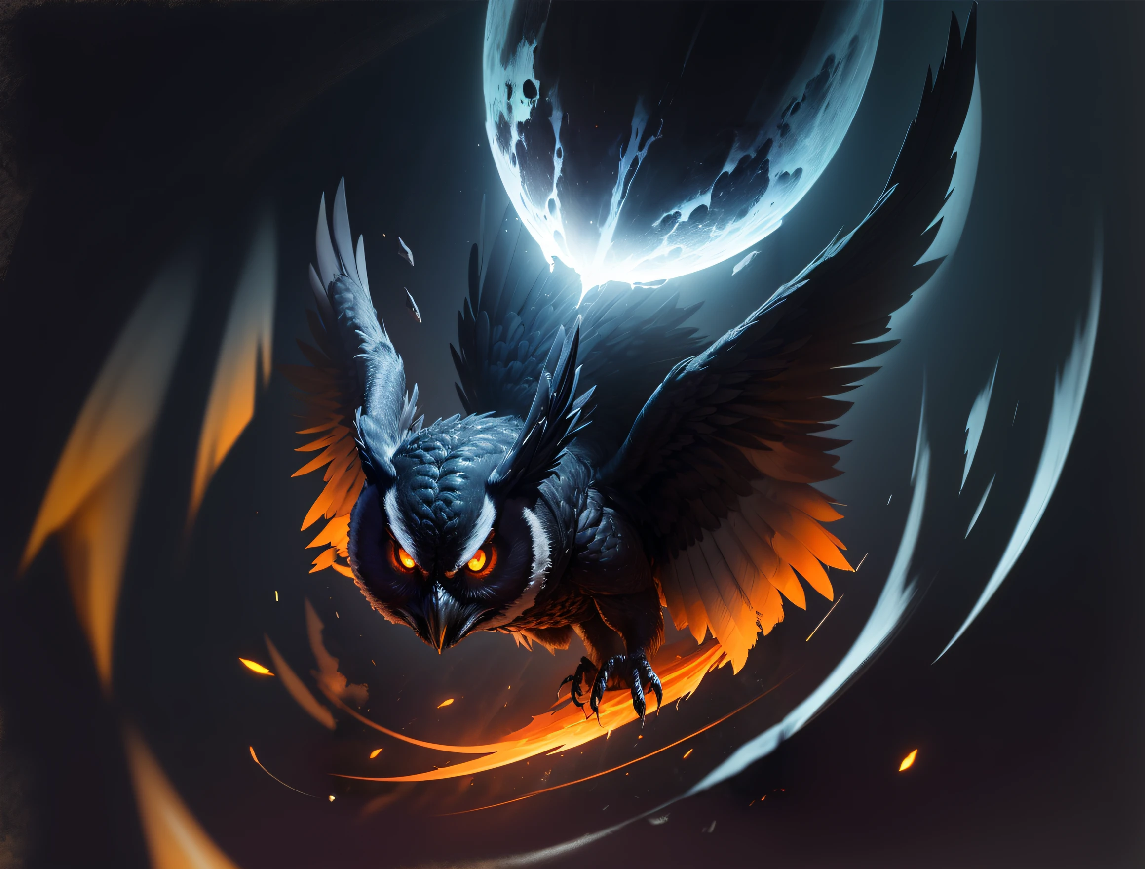 (melhor qualidade,ultra-detalhado,Realistic:1.37), Dark owl with orange eyes flying in attack position with a furious expression, oil painting,Atmosfera misteriosa,Noite estrelada,Assombrando,malignant presence,asas poderosas,garras afiadas,Penas brilhando ao luar,vivid colors,contrast lighting,aura sinistra.