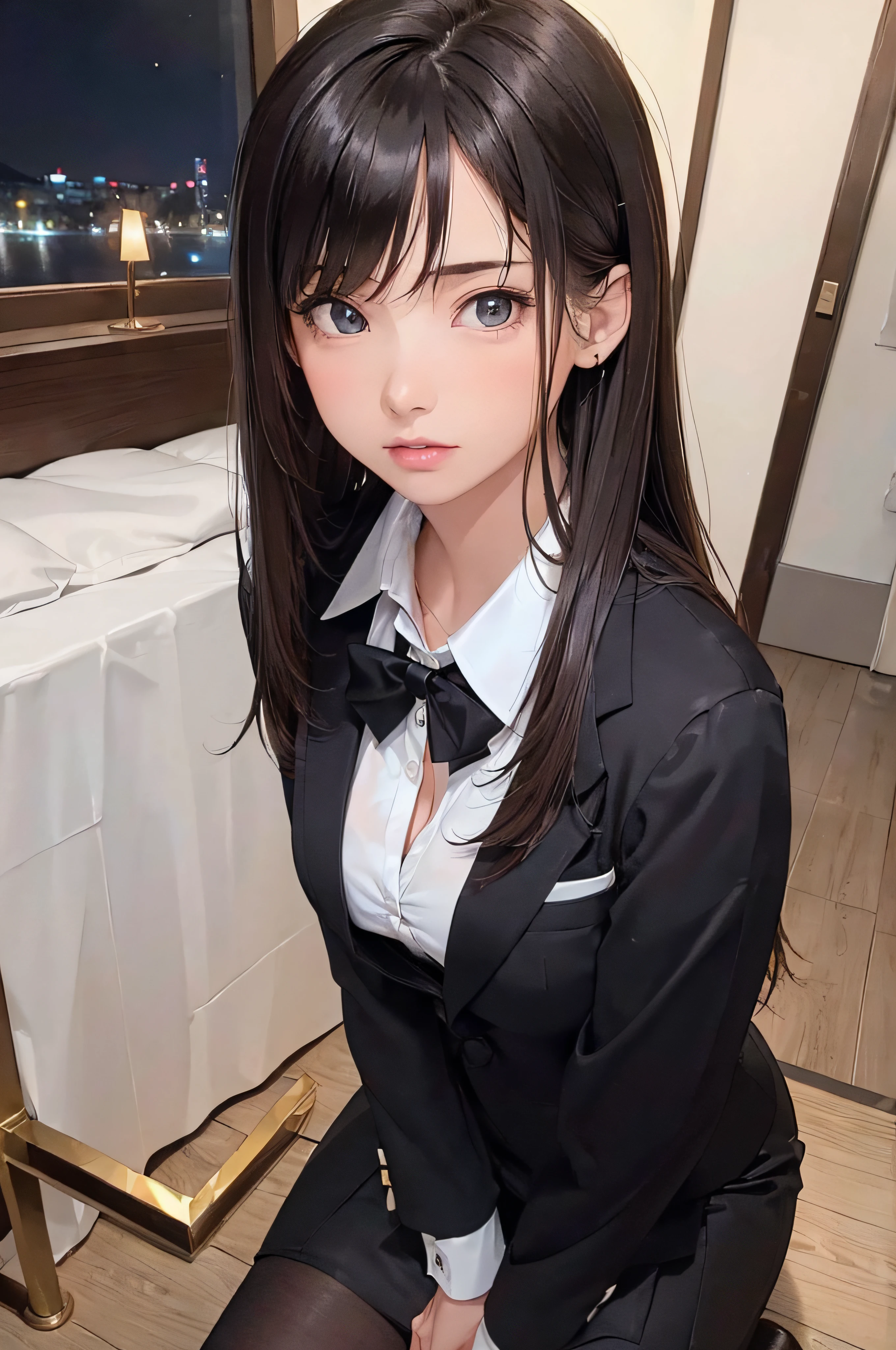 (1girl 24 years old:1.3), (photorealistic:1.4), (masterpiece, top quality, best quality, official art), extreme detailed, highest detailed, (ultra-detailed), ((an extremely delicate and beautiful)), cinematic light, (realisticlying:1.3), (highdetailskin:1.2), high resolution, 8K UHD, 4K, 8K, Bokeh, digital SLR camera, absurderes, Optimal proportions of four fingers and one thumb, 
((silky long hair)), (brown hair), beautiful face, perfect face, highly detailed beautiful face, 
Cute, shy,
walk around town, midnight,
dynamic angle, from above, 
((Wearing a black formal blazer)), ((white blouse with collar)), cleavage, skirt, lacepantyhose, blue underwear,
open legs a little, kneel down,