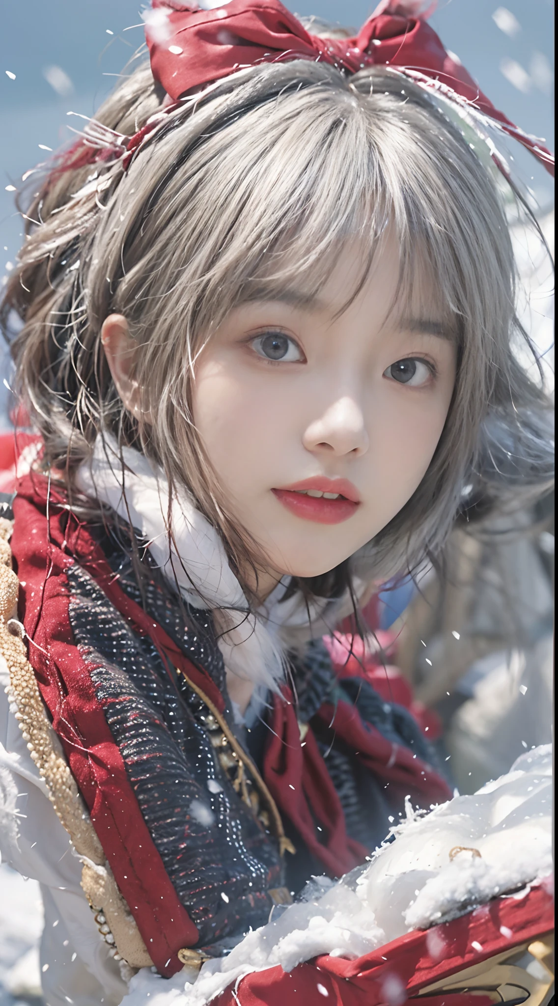 HDR,Best Quality, masutepiece, 超A high resolution, (Realism: 1.4), Original photo, (True skin texture: 1.3), (filmg: 1.3), (Other angles), wide-angle lens, 19 year old woman, Bow sleigh、Beautiful eyes and face details, masutepiece, Best Quality, close up, Full body, Look at the viewer、Siberia、snow mountains、bionde、de pele branca