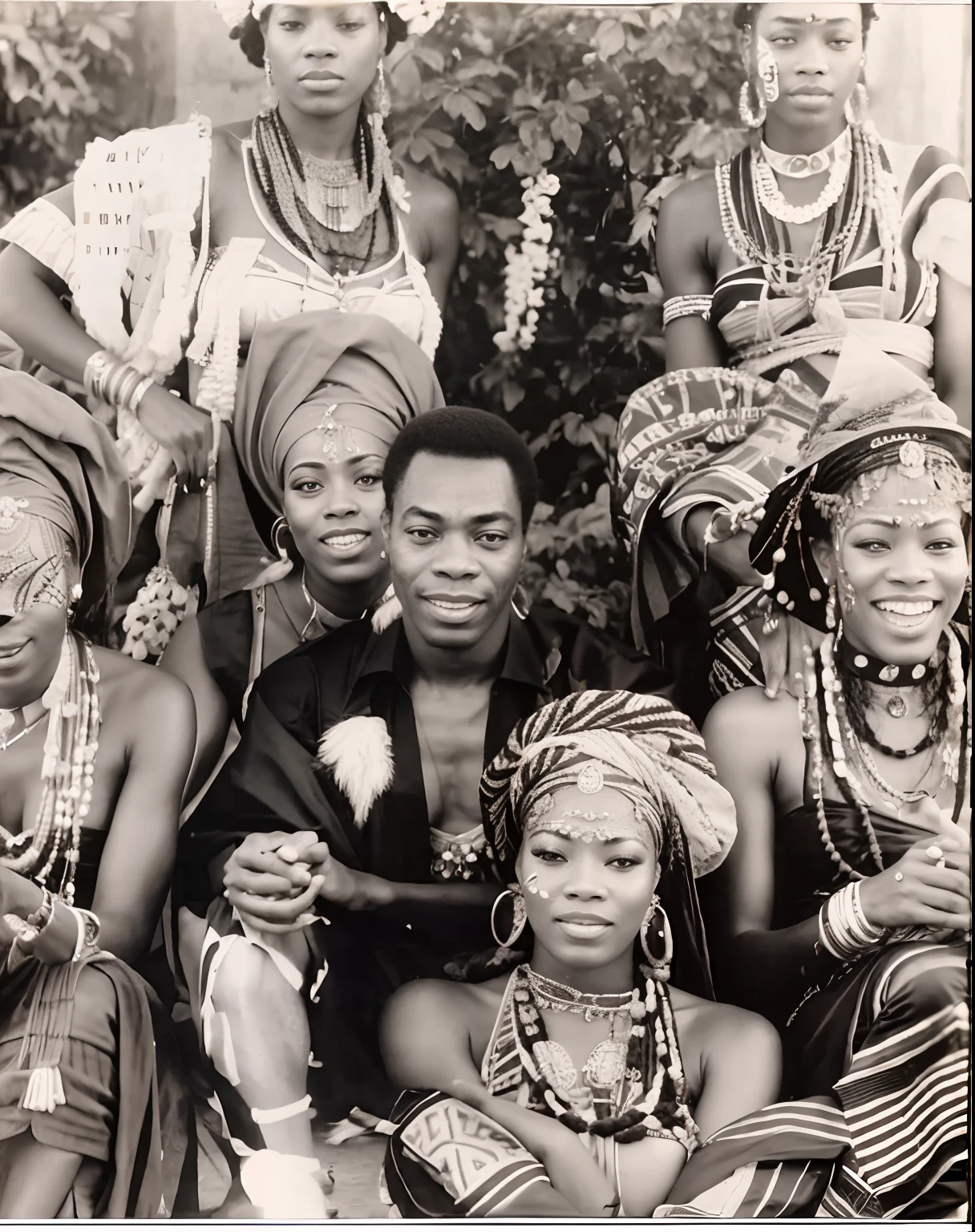 Fela and his female dancers in traditional clothing posing for a picture, album, unknown location.