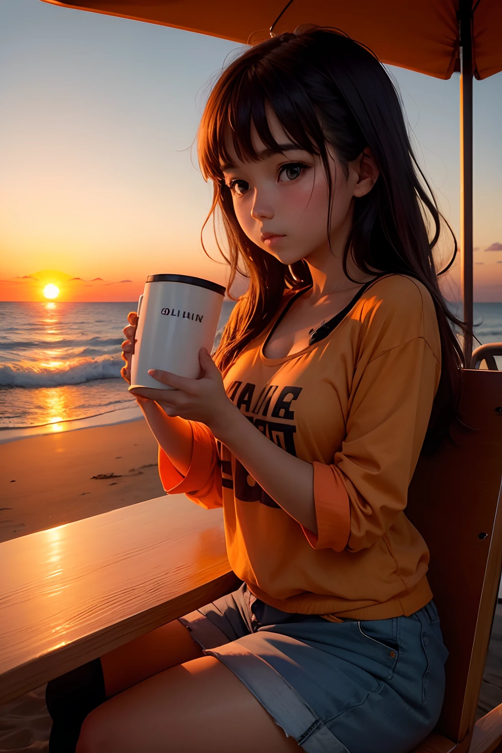a girl with her coffee mug, sunrise, beach, orange sky