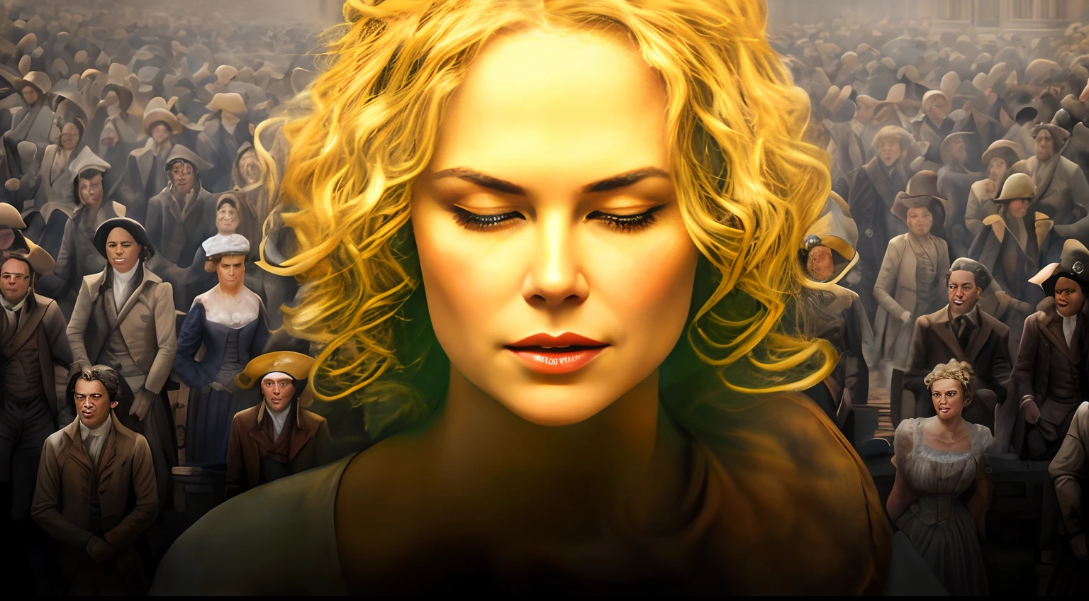 Blonde woman with a crowd of people in the background, Retrato de Nicole Kidman, 5 feet away, Programa de TV, arte estilo drew struzan, inspirado em Mort Artists, Fechar cena, drew struzan tomasz alen kopera, 1789, French Revolution,cinematic, arte deslumbrante