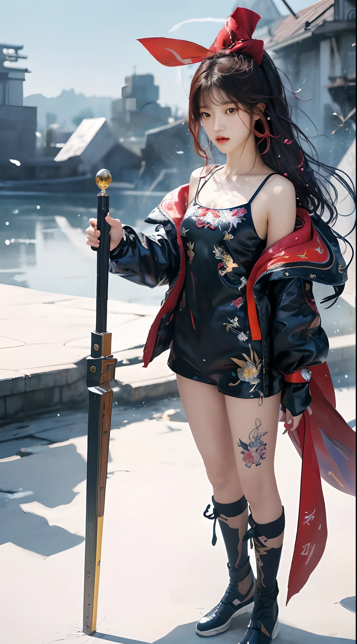 Jeong-Hun Seong-Hun, (masterpiece), (best quality), (ultra detailed),(disheveled hair),(illustration), (1girl), (Fashionable clothing), standing, Fashion model, looking at viewer, (interview), (simple background),beautiful detailed eyes, delicate beautiful face, Floating,(high saturation),(colorful splashes),(shining), focus on face, amber_(genshin inpact)