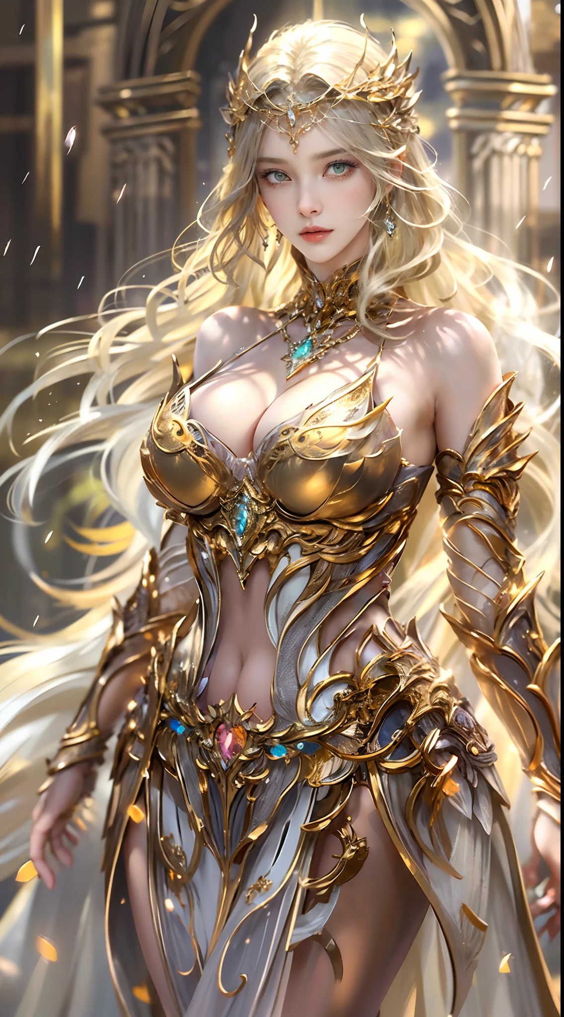 Woman in a golden transparent dress,view the viewer,(((Huge breasts, Large cleavage))),Slim waist,(navel baring,Bare waist), Long hair, Ultra-detailed details,High-end Zhenyi station, Rainstorm site, detailed fantasy art, Stunning character art, Beautiful and exquisite character art, Beautiful gold and silver armor, Extremely detailed, Girl in shiny armor, Exquisite tiaras and jewelry,Crystal jewelry filigree, milky ways, Stunning visuals, (dynamic streaks, light tracks:1.2), Vibrant colors,