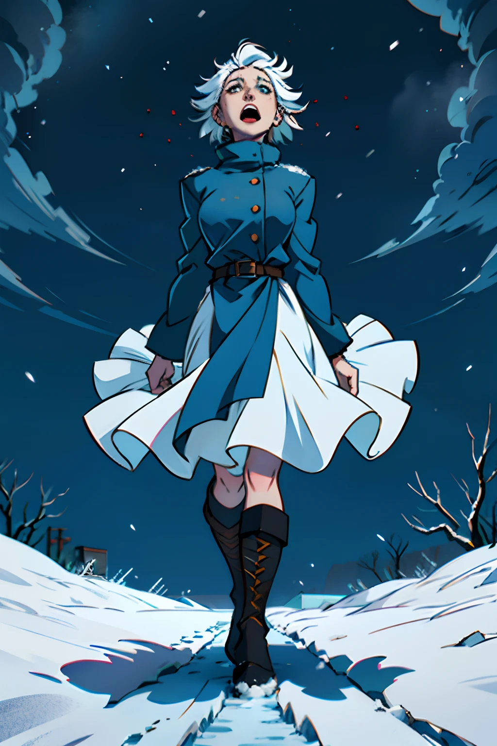 A horrified woman, having a frightening hallucination, looking up to the sky and screaming, background is dark wintery snow drifts, mood is anxiety, paranoia, agony, eerie light, character design.