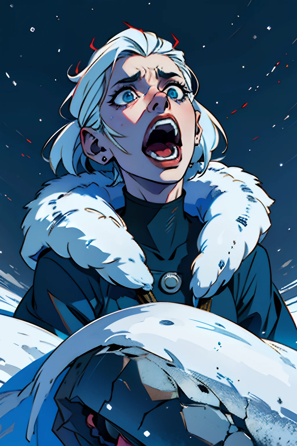 A horrified woman, having a frightening hallucination, looking up to the sky and screaming, background is dark wintery snow drifts, mood is anxiety, paranoia, agony, eerie light, character design.