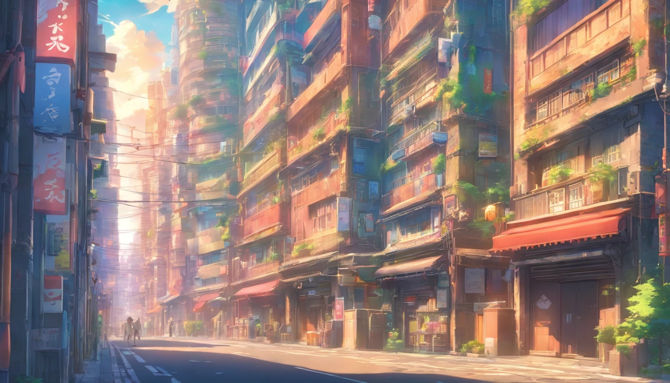Horizontal view,buliding,The facades of buildings on the street,Faraway view,super wide shot,Road,Horizontal