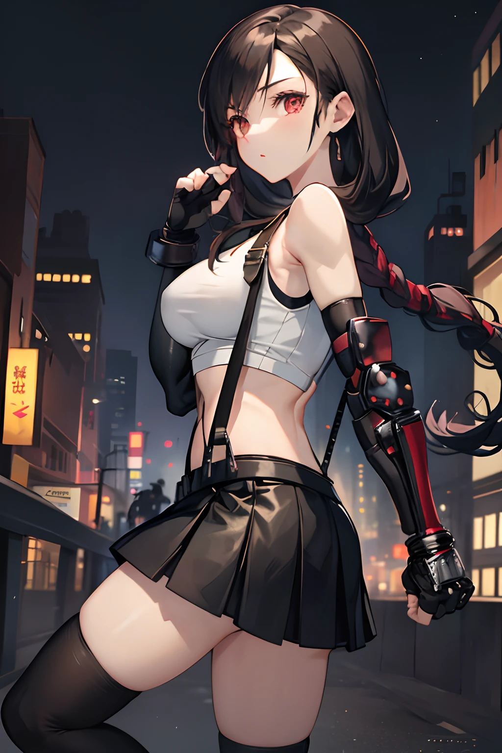 masterpiece, best quality, 7rtifa, crop top, arm guards, fingerless gloves, suspenders, pleated miniskirt, black thighhighs, fist, from side, looking at viewer, dystopian city, city street, night