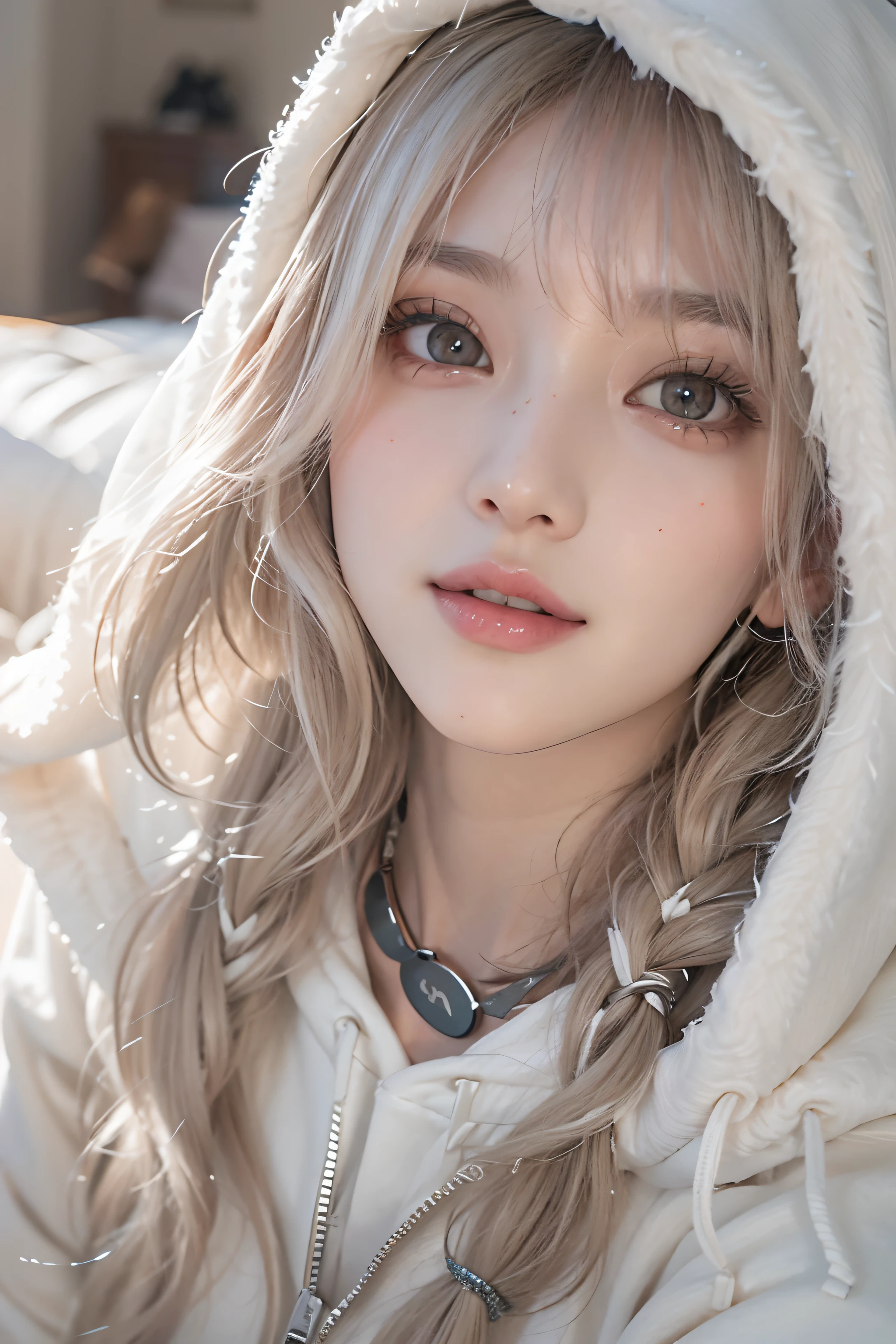 masterpiece,Best quality,high resolution,8K,),(Full body close-up),(RAW photos),real picture,Digital Photography,(Girl in police uniform),19 year old girl,Long gray hair,By Bangs,(Blue and red gradient hair),(Red Eyes),Cute and charming,Shy,blush,cleveage,Full breasts,badge,Simple clothing patterns,shut your mouth,Blushing and Shy,(),Photo poses,Practical,Gray World Background,oc render reflection texture