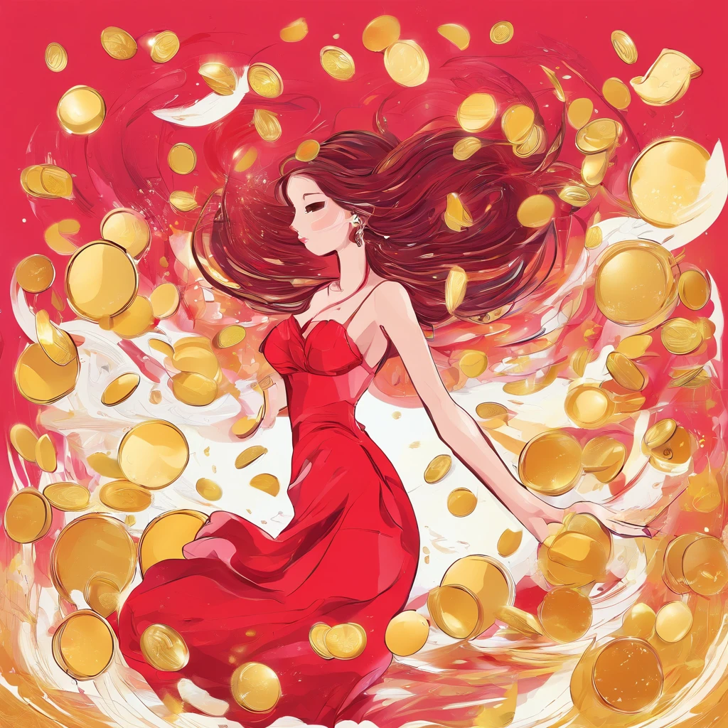 a girl in red dress，Focused on catching the gold coins falling from the sky，She bathes in love and wealth。The main color of the picture is red、in pink、golden colored、amarelo