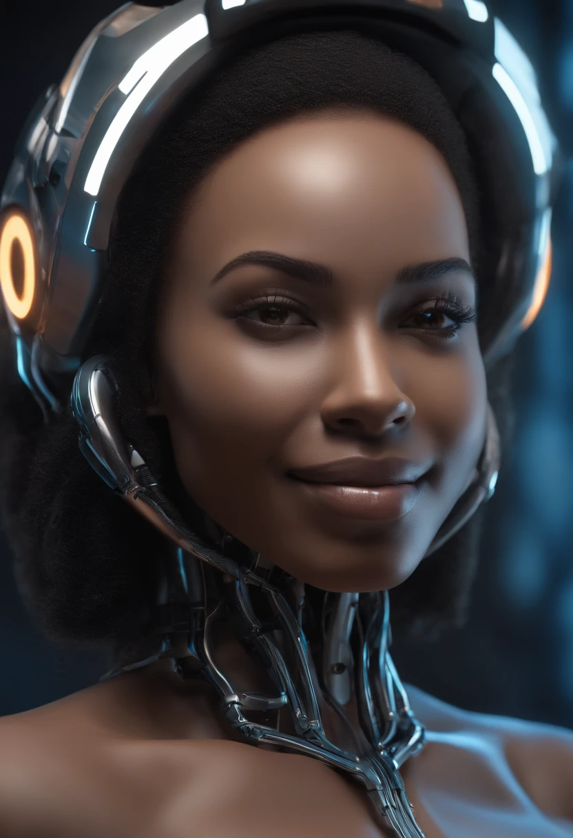 nousr robot, Complex 3D Rendering Beautiful Android Female Face of Smiling Black Woman, sorriso, (corpo inteiro), ciborgue, Robot Parts, 150mm, beautiful studio soft light, luz lim, Detalhe animado, cyberpunk de luxo, surreal, Anatomical, face muscles, fio do cabo, microchip, fundo elegante e bonito, octan render, 8k