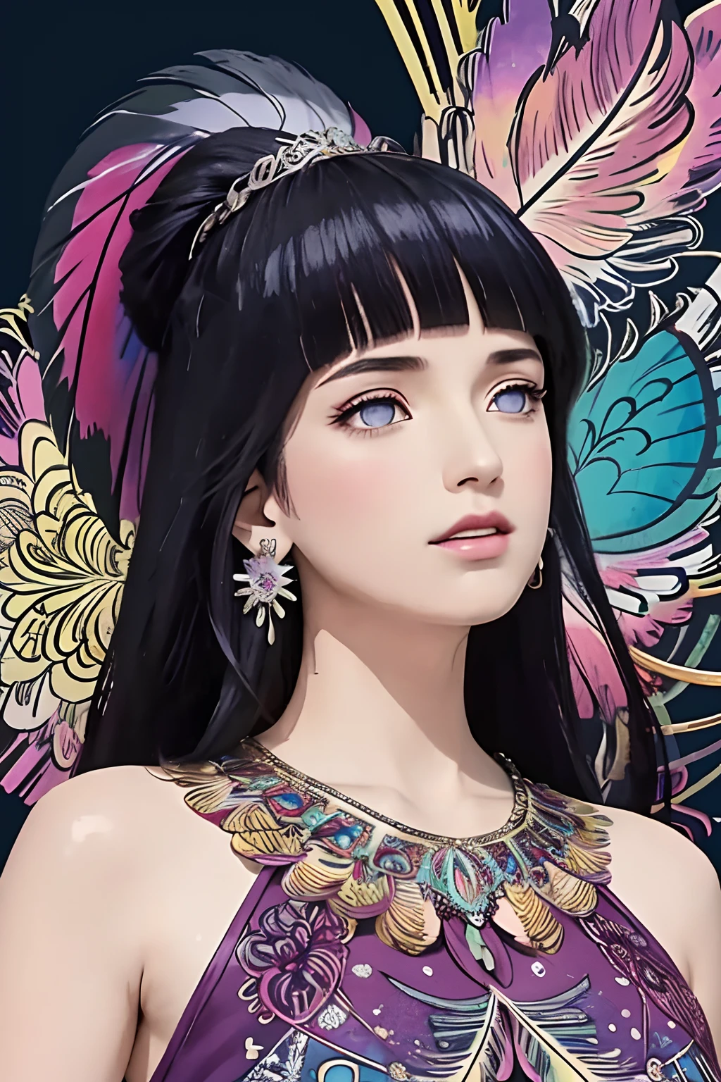 A girl, bare shoulders, colored feathers, metal ornaments, colored flowers, particles, light rays, (masterpiece, top quality, best quality, official art, beautiful and aesthetic:1.2), (1girl:1.3), extremely detailed,(fractal art:1.1),(colorful:1.1)(flowers:1.3),highest detailed,(zentangle:1.2), (dynamic pose), (abstract background:1.3), (shiny skin), (many colors :1.4), ,(earrings:1.4), (feathers:1.4),Blunt Bangs, purple eyes, long dark blue hair