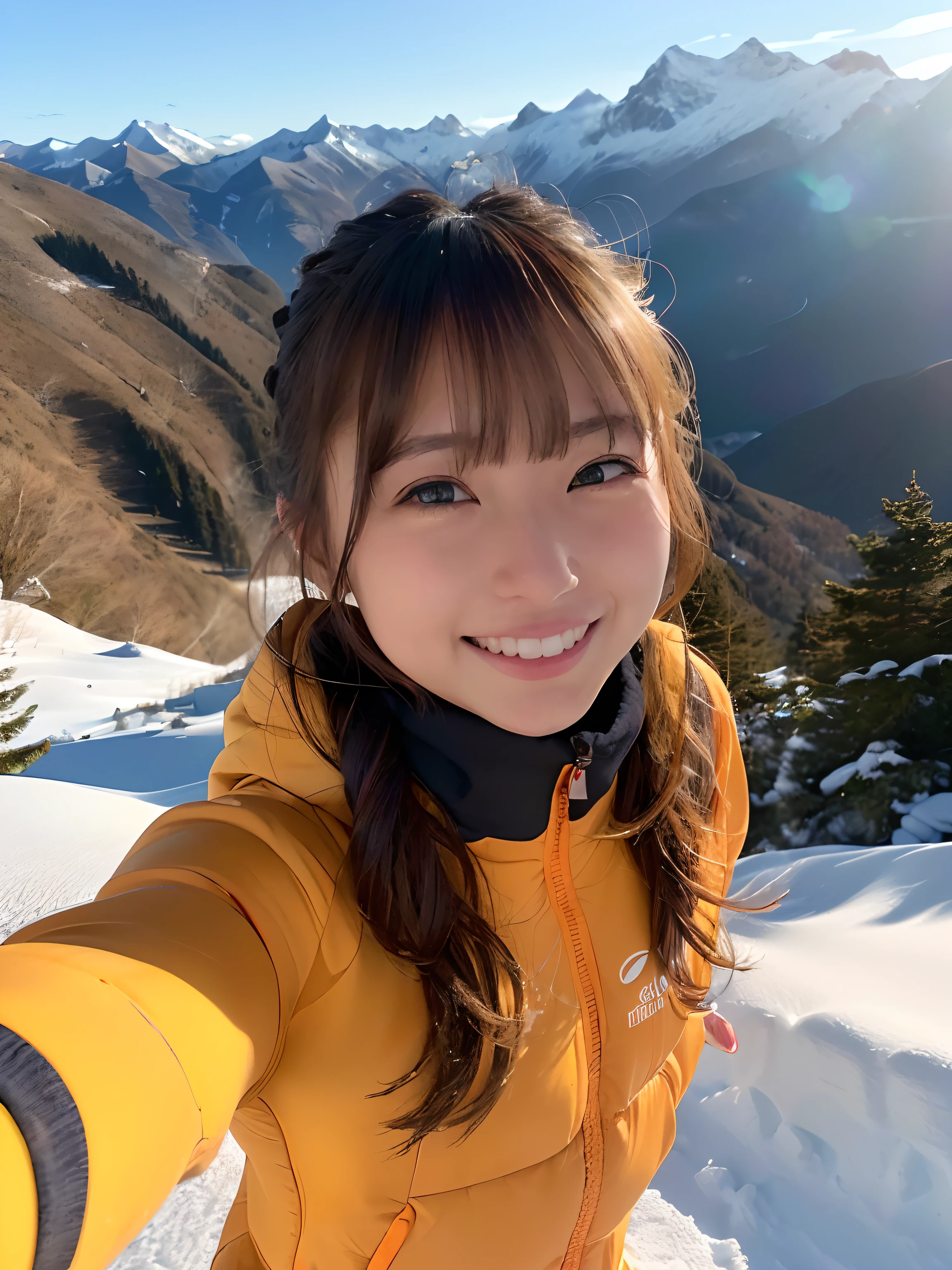 realisticlying、Snow-capped climbing、Outdoor Fashion Girl、Mountain from the cliff々々View、Portrait、Orange sunset、Happy smile、realisitic、Background Ball Blur、Happy smile、An 18-year-old woman、
