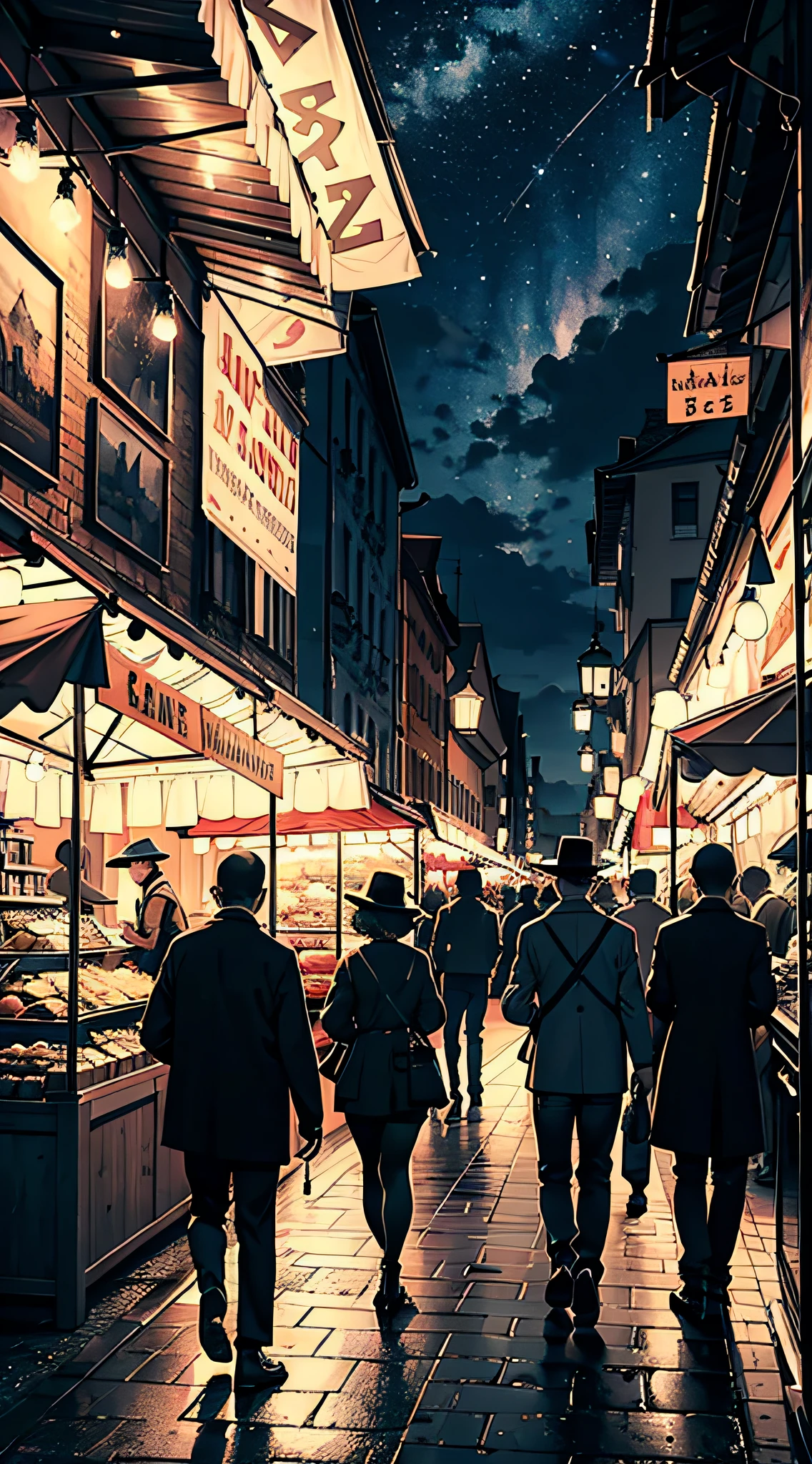 4k Landscape, beautiful stars at background, looks like a dream, sky looking extremely beautiful, ultra resolution, perfect lighting, A bustling Berlin market in the 1920s, with vendors selling traditional wares, a variety of street performers, and a lively atmosphere.