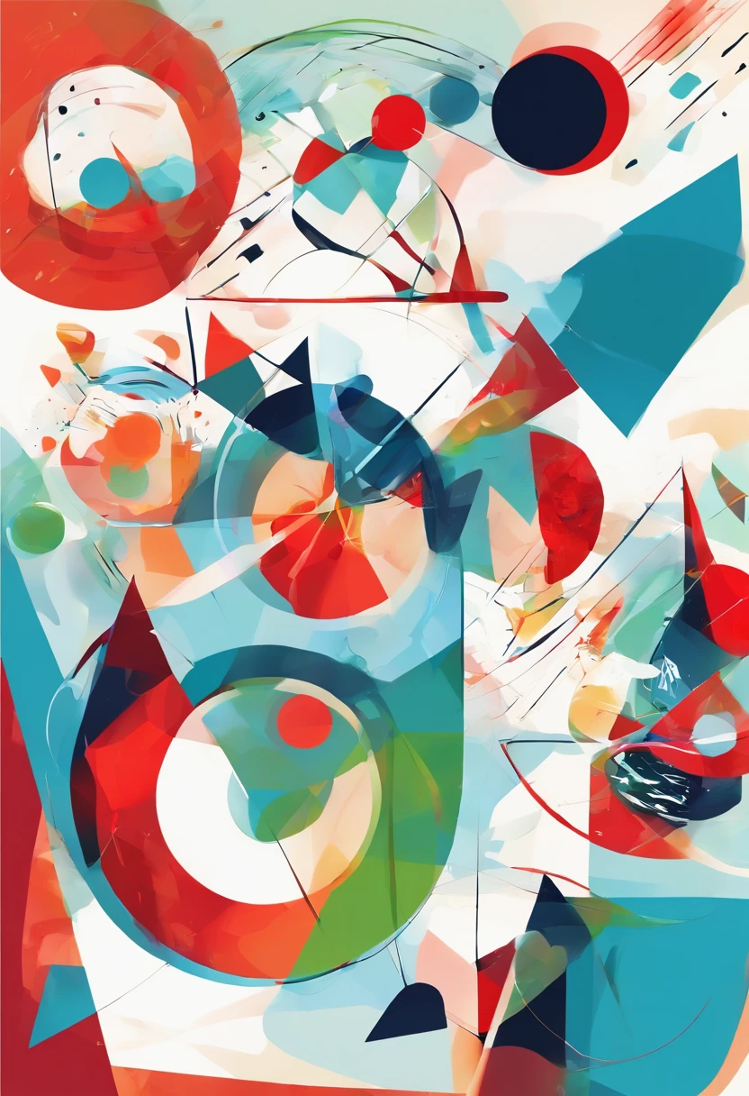 blau, White, red circles, green strokes, colorful triangles