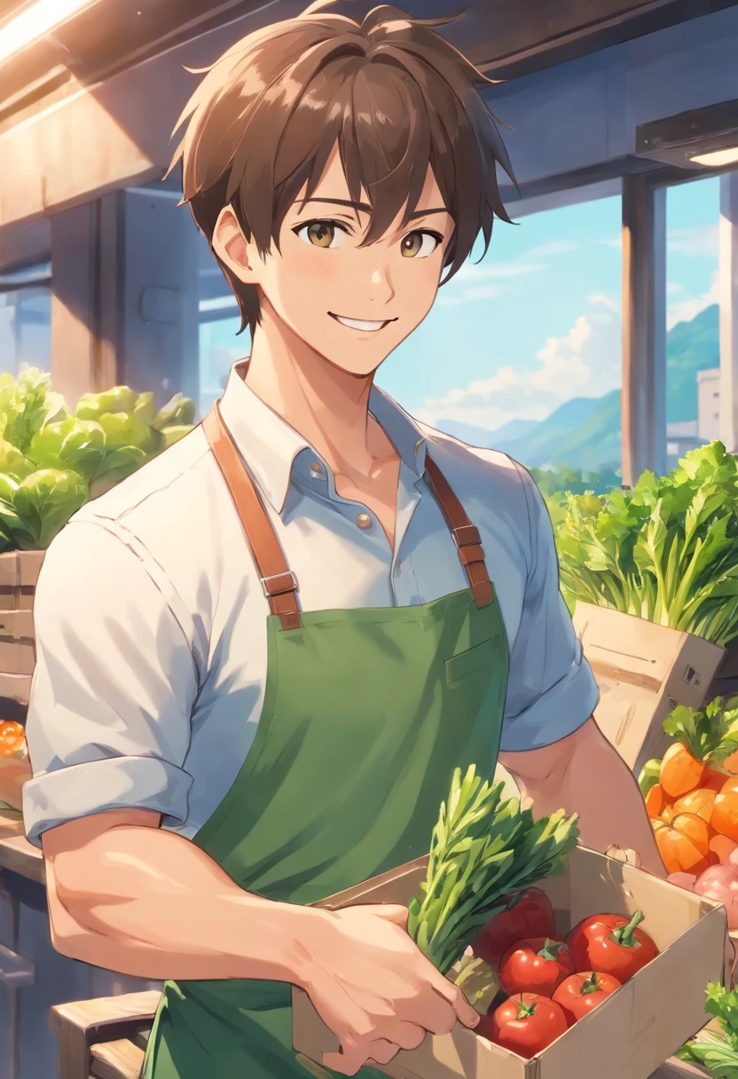 Smiling muscular man in apron holding a box of vegetables，Plump pectoral muscles，Abs，Upper body naked，thumb up, advertisement picture, advertising photograph, wearing apron, promo image, personal profile picture, gardening, farmer, promo art, Home and garden, Handsome man, attractive and good looking, professional picture, Attractive man, professional profile picture, high quality portrait, very professional, As well as handymen