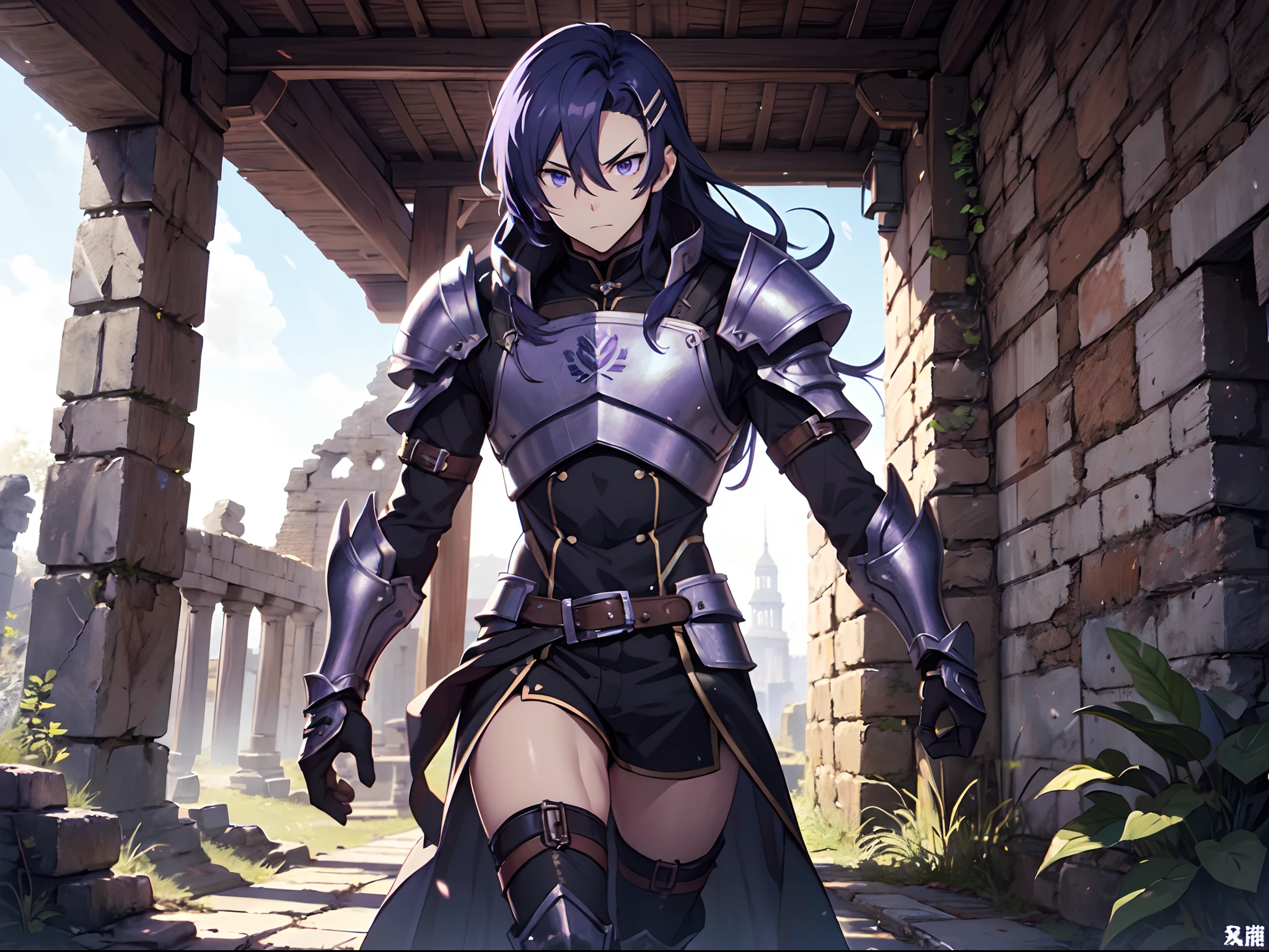 Ultra High Definition, Ultra High Quality, Extremely Detailed, 8k, 1 Boy, Rudeus Greyrat From Mushoku Tensei Anime, Handsome, Armored With War General Armor, Pure Purple Pupil Eyes, Long Haired Tied With Chinese Hairpin, Body To Legs Body Shot, Ancient Ruins Background,