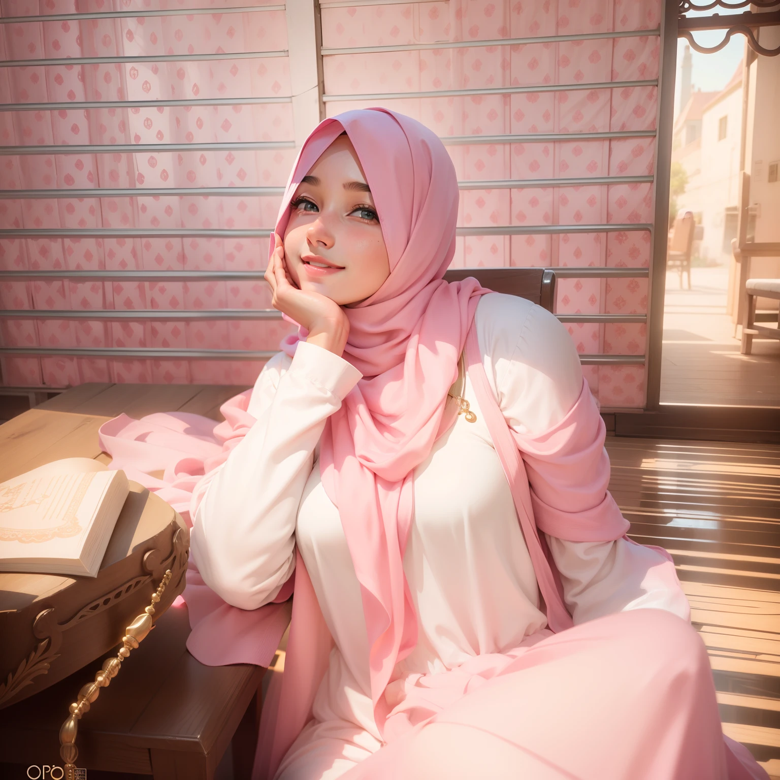 A cute girl sitting in a chair, she is in a long pink colour hijab with white dress,smiling and shining realistic face, 8k