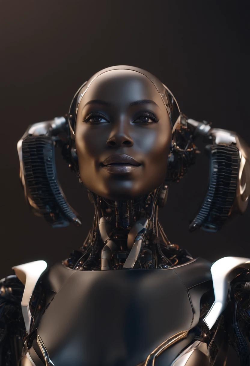 nousr robot, corpo inteiro, Complex 3D Rendering Beautiful Android Female Face of Smiling Black Woman, sorrir, (corpo inteiro), ciborgue, Robot Parts, 150mm, beautiful studio soft light, Luz Lim, Detalhe animado, cyberpunk de luxo, surreal, Anatomical, face muscles, fio do cabo, microchip, fundo elegante e bonito, octan render, 8k