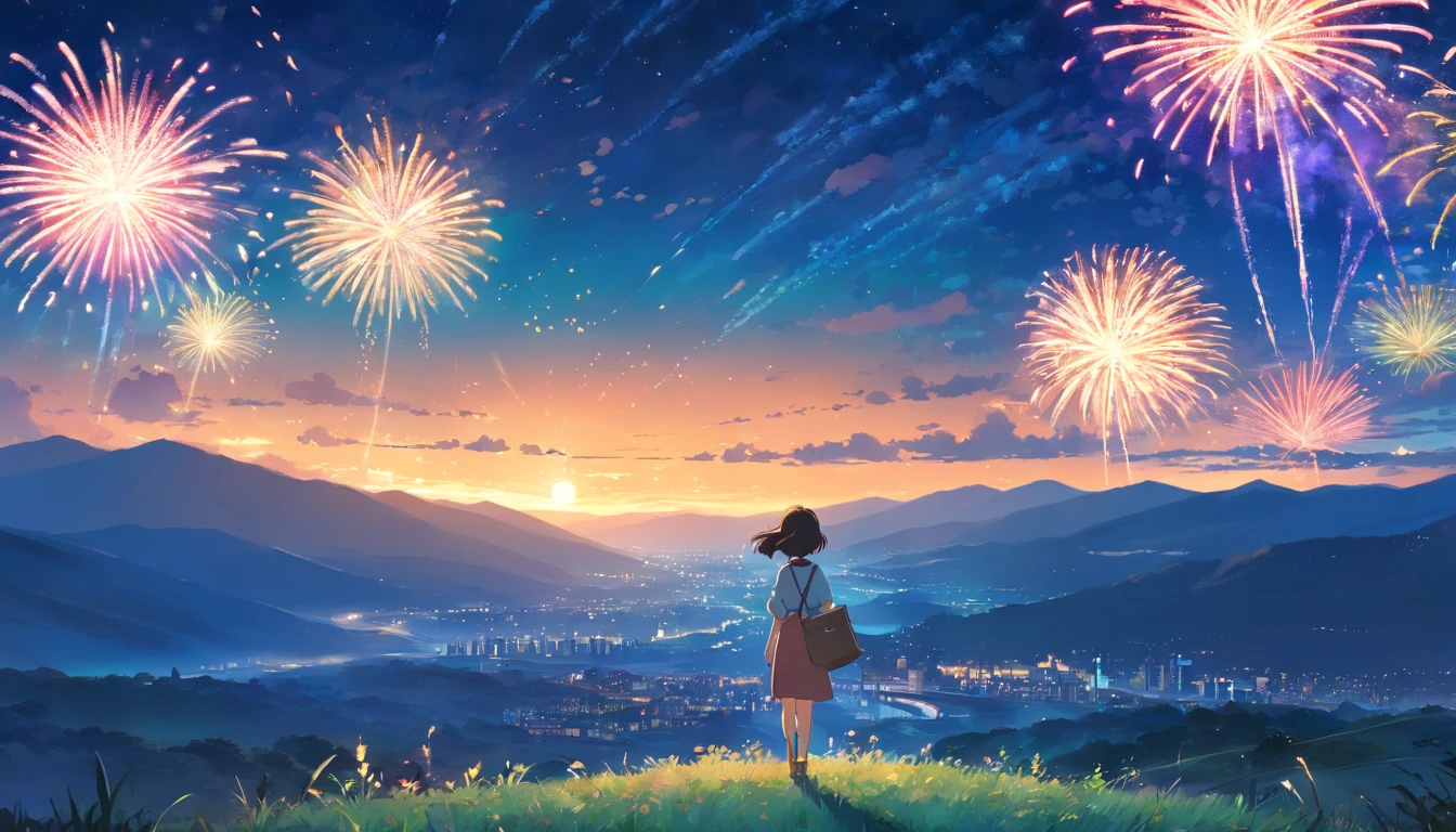 Night sky with fireworks, It has Van Gogh starry night painting style, Rolling hills in the background, Fireworks