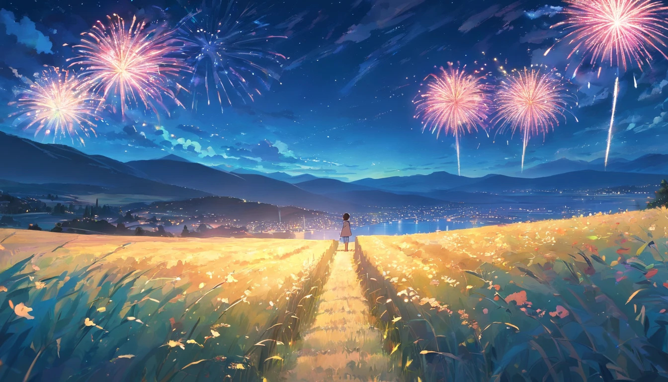 Night sky with fireworks, It has Van Gogh starry night painting style, Rolling hills in the background, Fireworks