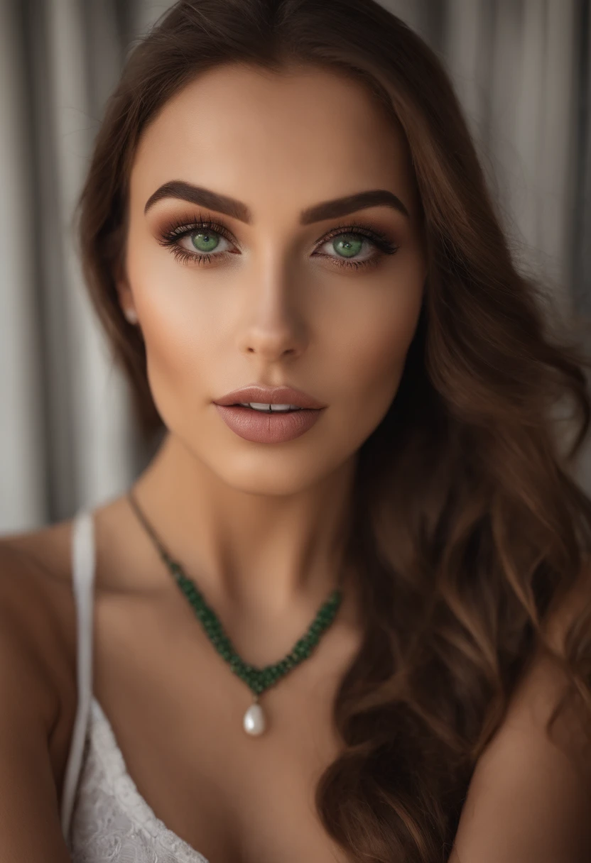 Arafed woman with white tank top and necklace, Sexy girl with green eyes, portrait sophie mudd, brown hair and big eyes, Selfie einer jungen Frau, Kammeraugen, Violet Myers, Frei von Make-up, Natural makeup, Blick direkt in die Kamera, Gesicht mit Artgram, Dezentes Make-up, Atemberaubende NahaufnahmeHeadshot, piercing green eyes