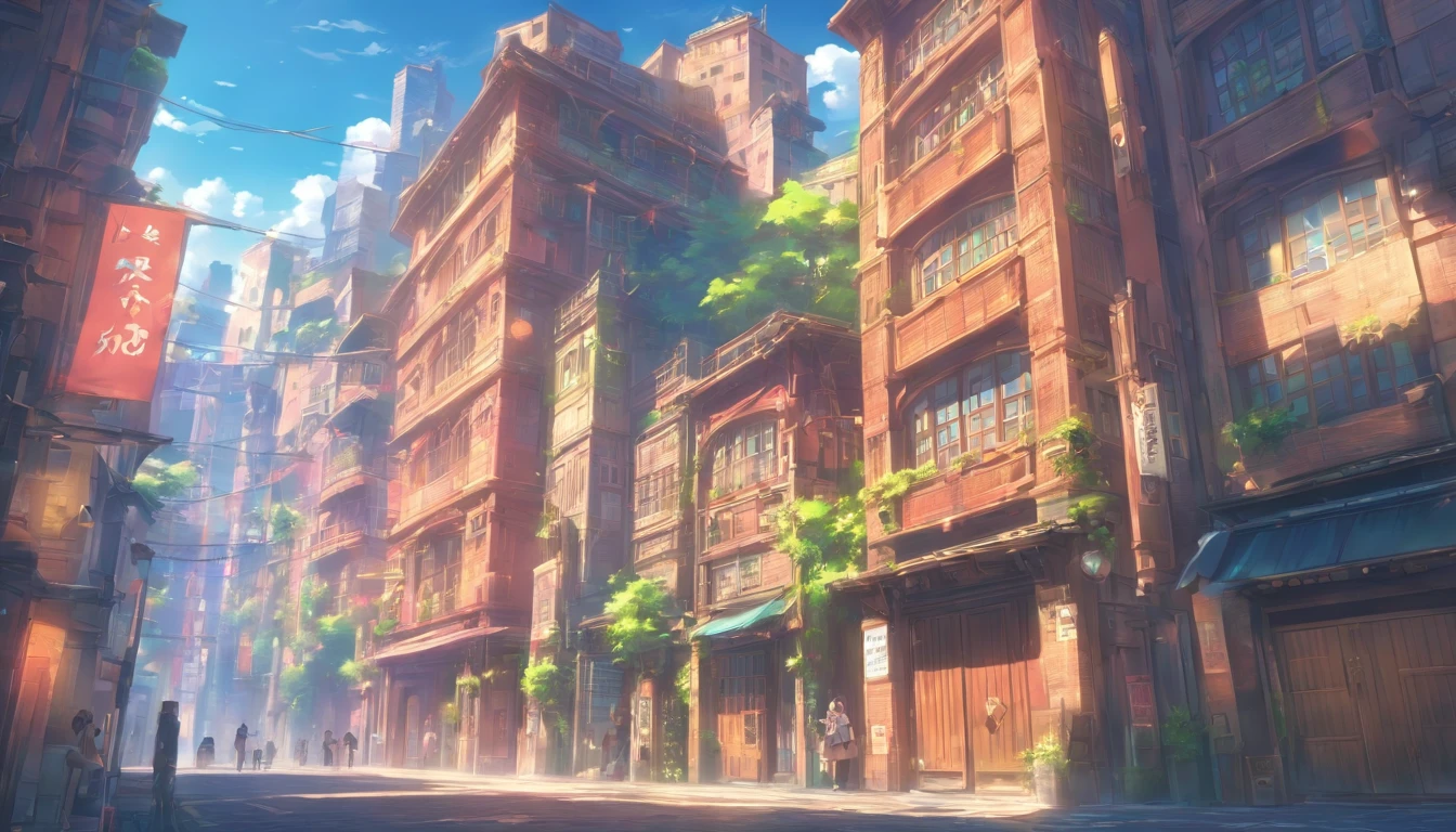 Horizontal view,buliding,The facades of buildings on the street,Faraway view,super wide shot,Sideways old way,