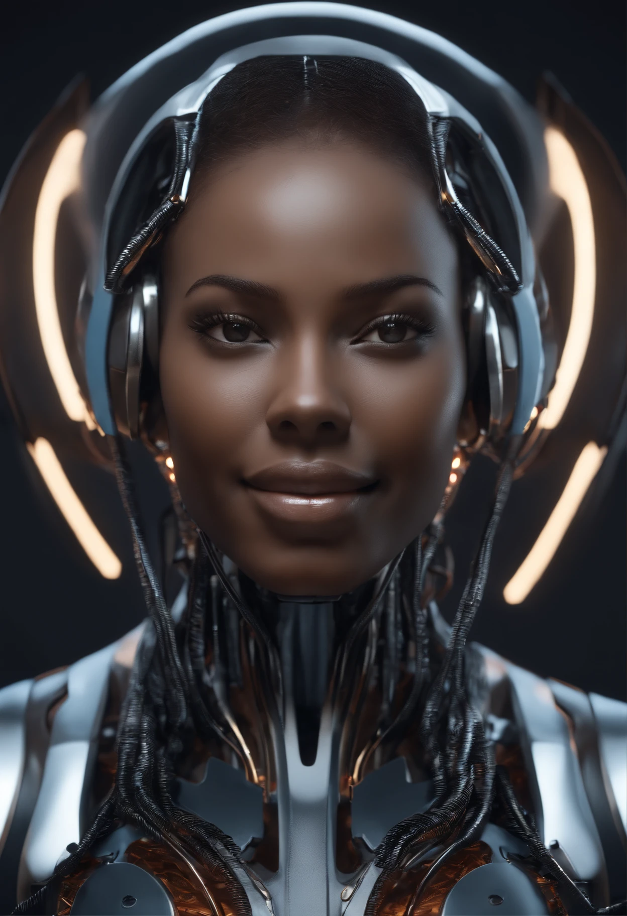 nousr robot, corpo inteiro, Complex 3D Rendering Beautiful Android Female Face of Smiling Black Woman, sorrir, (corpo inteiro), ciborgue, Robot Parts, 150mm, beautiful studio soft light, Luz Lim, Detalhe animado, cyberpunk de luxo, surreal, Anatomical, face muscles, fio do cabo, microchip, fundo elegante e bonito, octan render, 8k