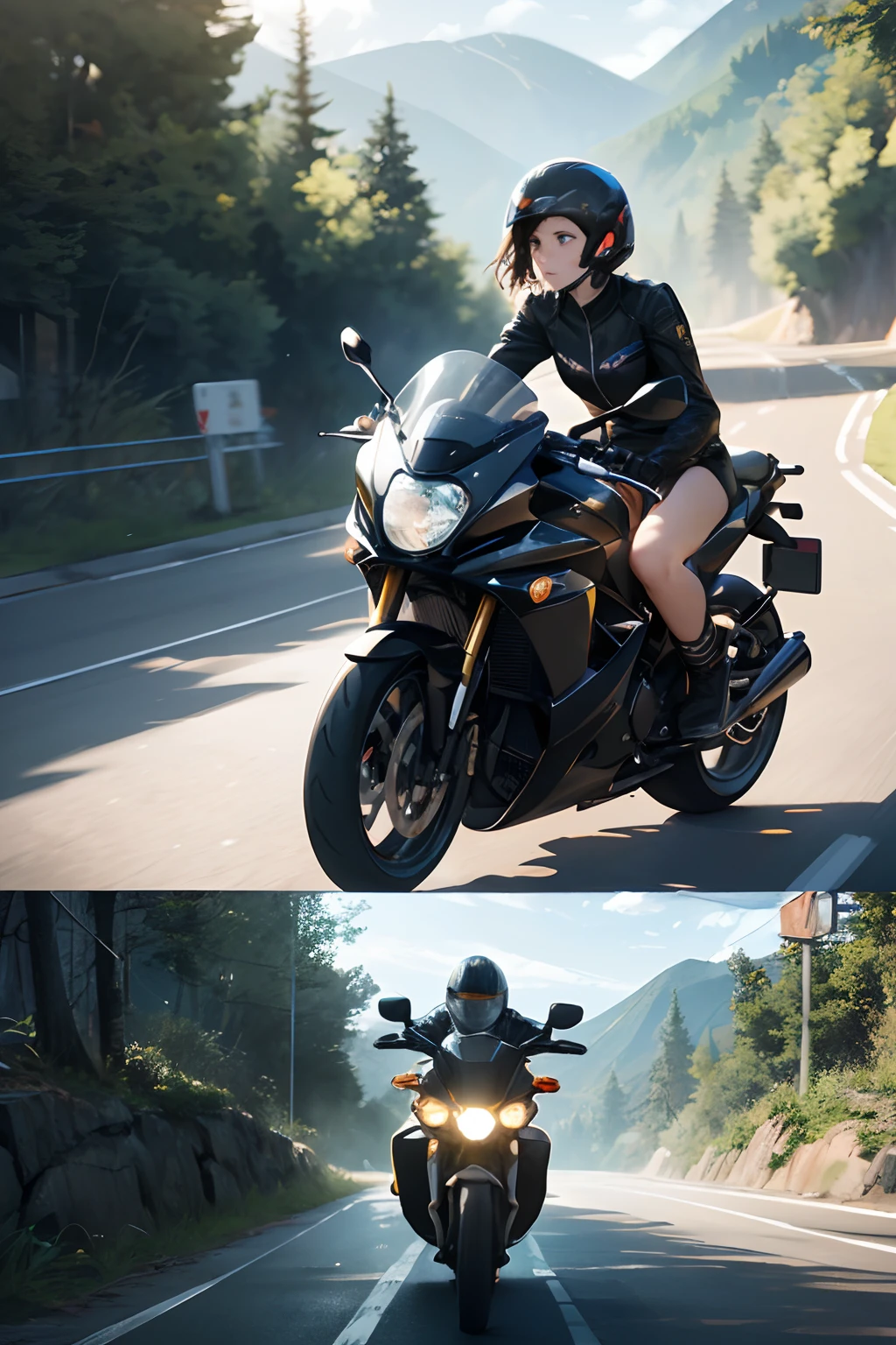 (Motion Effect:1.5)、(Motion Blur:1.4)、parchment、absurderes、ultra res、ultra-detailliert、(bokeh dof:1.8)、accurate depiction、Beautiful depiction、Overhead view、beautiful a girl、thin-waist、The roar of a motorcycle engine、
A moment to challenge the winding road。
The wind strokes my hair、The scenery spreads out vividly
Asphalt orbit、Invitation to Freedom。
Winding Road、Ups and downs of elevation differences
The rider's heart is pounding with adrenaline。
Drive through the curves、Across the valley
Natural beauty、The attraction continues。
The blueness of the sky、mont々Green、River flow
Winding Road plays poetry。
Motorcycles and riders、Becoming one
Freedom and adventure、Illuminate the heart。
sometimes、Take a break at a roadside café
Enjoy a cup of coffee in the wind。
Winding Road Journey、
Engrave in the soul、An unforgettable adventure。