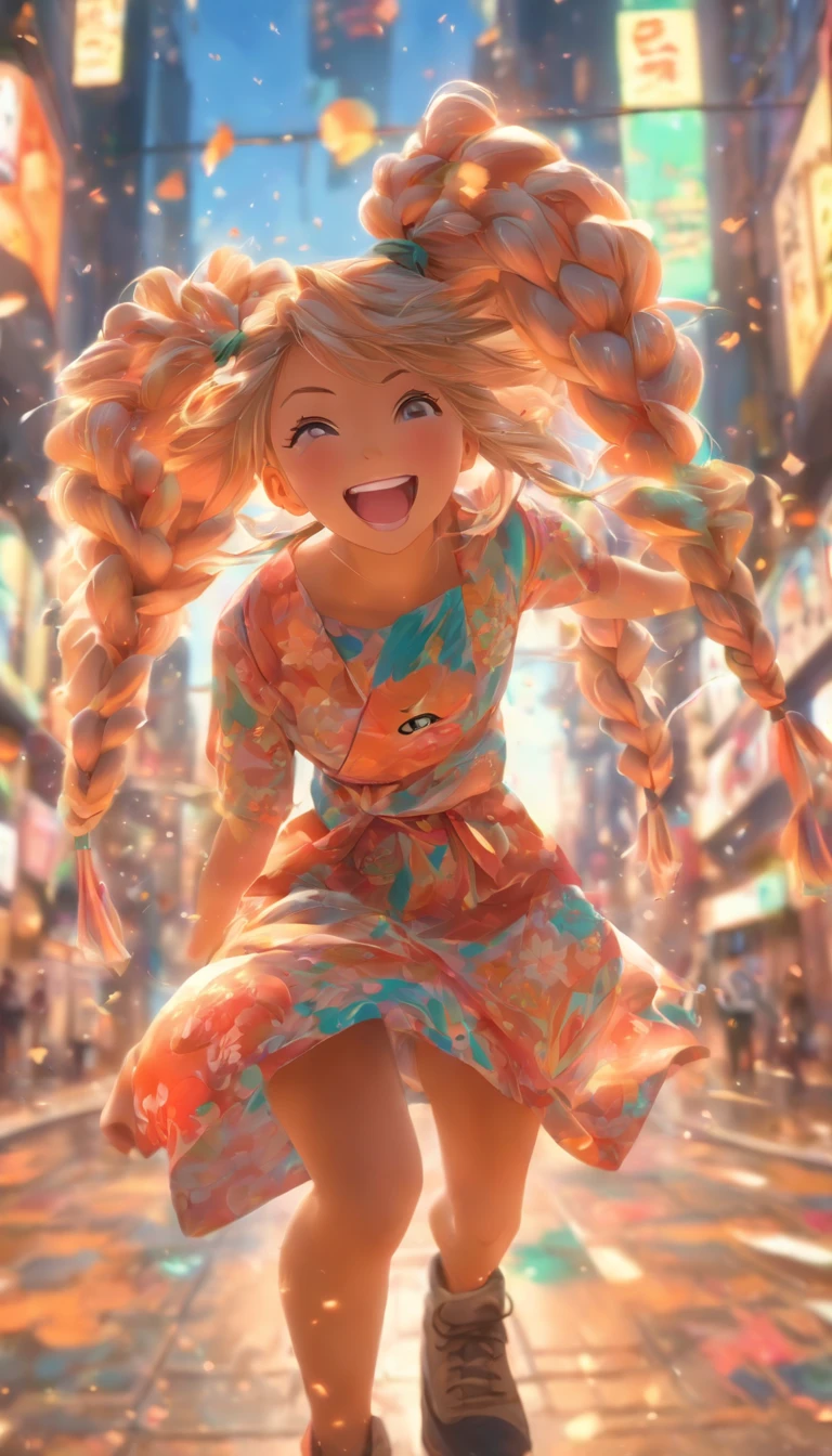Genki girl,Twist braids,vivaciousness,adolable,Floral dress,Small leather boots,big laughter,Full body like,dances,The face is meticulously depicted,Street crossroads,Plain