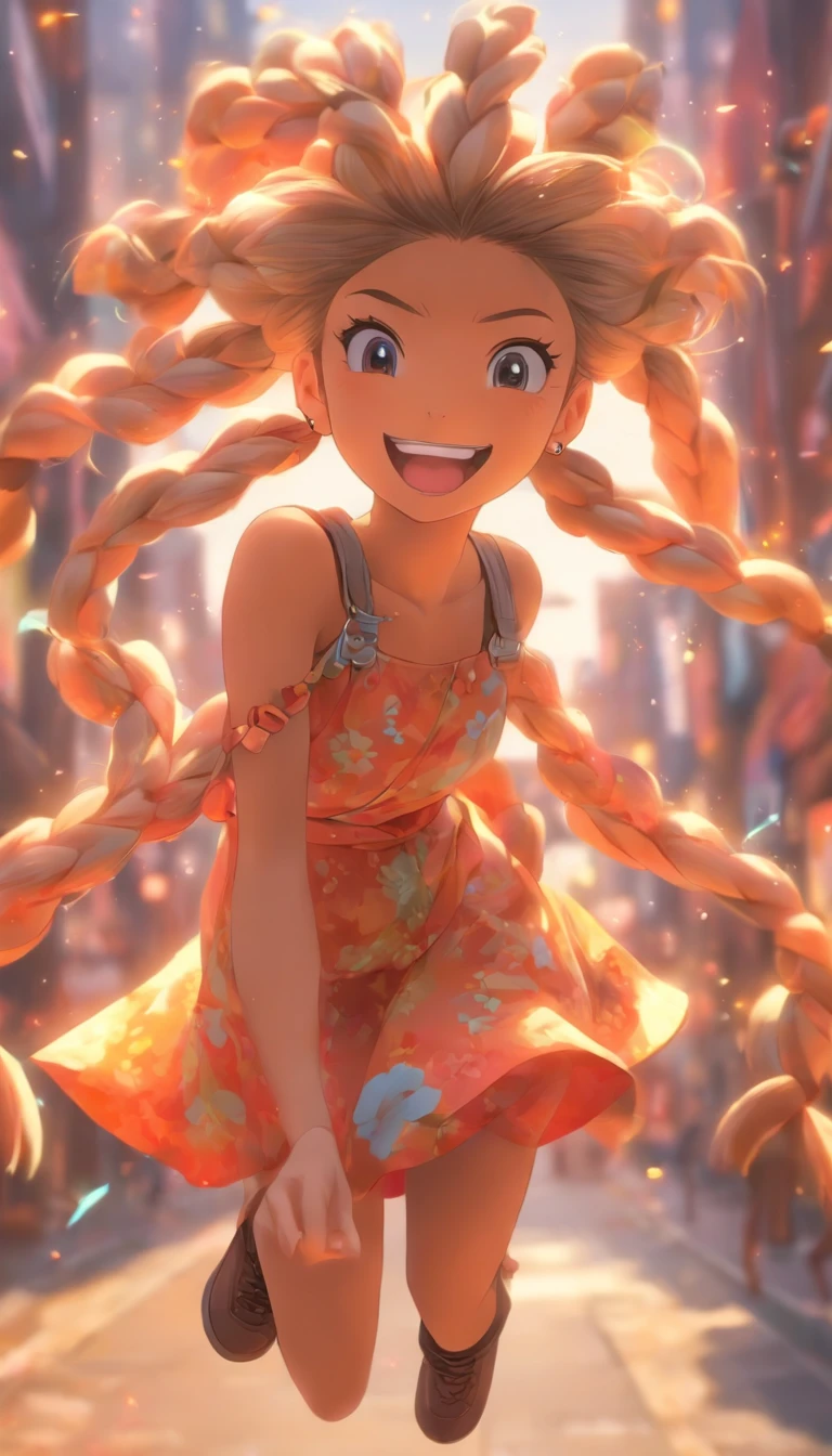 Genki girl,Twist braids,vivaciousness,adolable,Floral dress,Small leather boots,big laughter,Full body like,dances,The face is meticulously depicted,