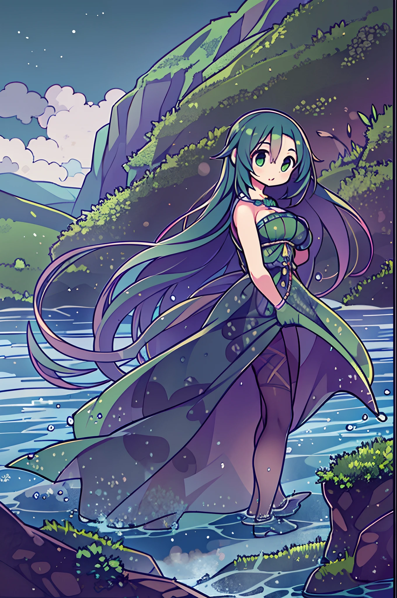 The costume, Long hair, girl, Big eyes, Green mountains and green water,