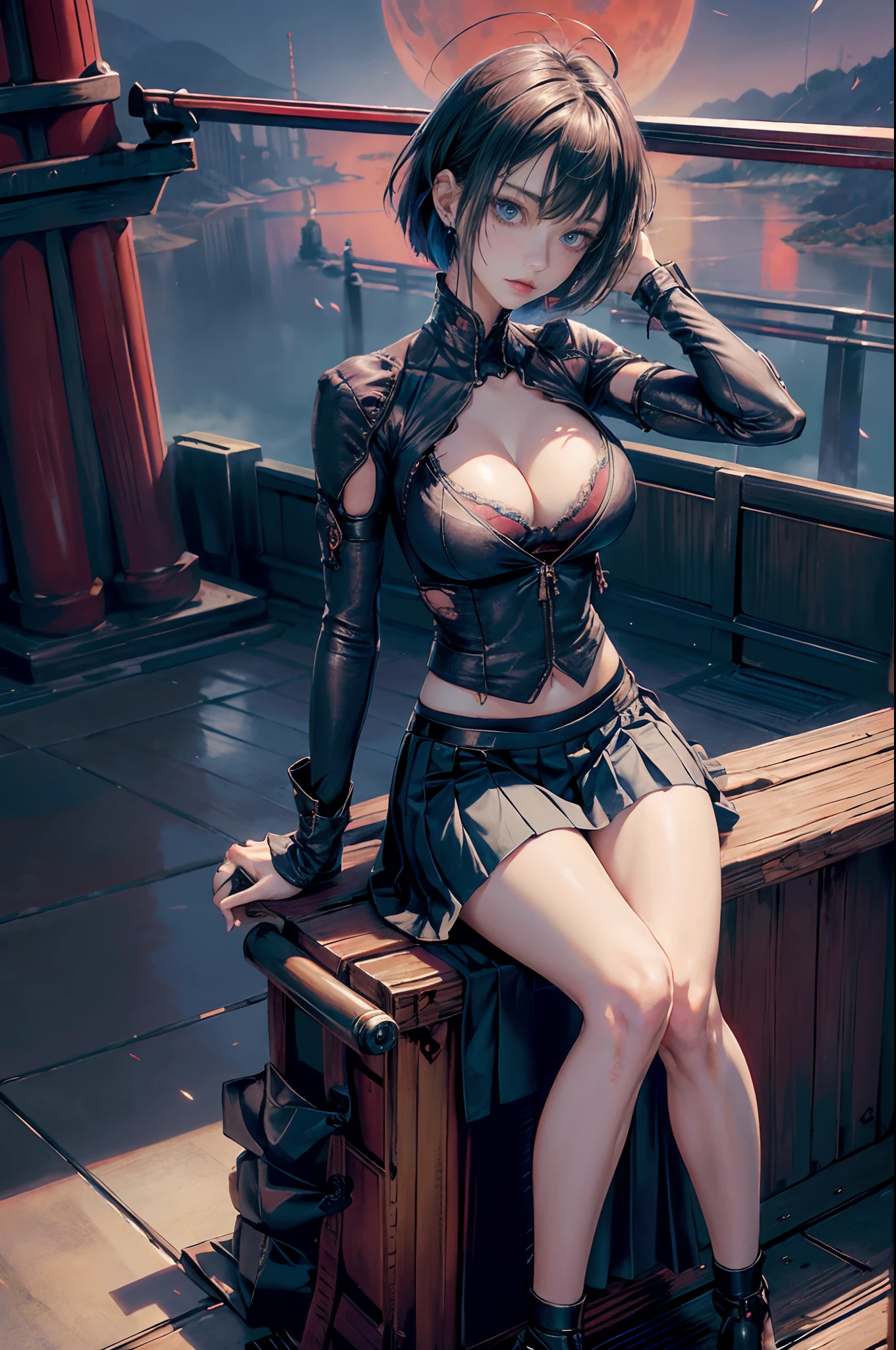 masutepiece,1girl in, Best Quality,cyberpunked,(Alternative、dim colors, Soothing tones:1.3),NSFW(Beautuful Women、Detailed beautiful facial features、Medium bob、blue eyess、slenderbody:1.3)(Normal breasts、cleavage of the breast、suits、skirt by the、Thigh exposure、Ripped clothes:1.5).Cyber City Destroyed、(sitting on:1.8)(Inside the old train、Japan sword is placed、deep in the night、Red Moon:1.5)