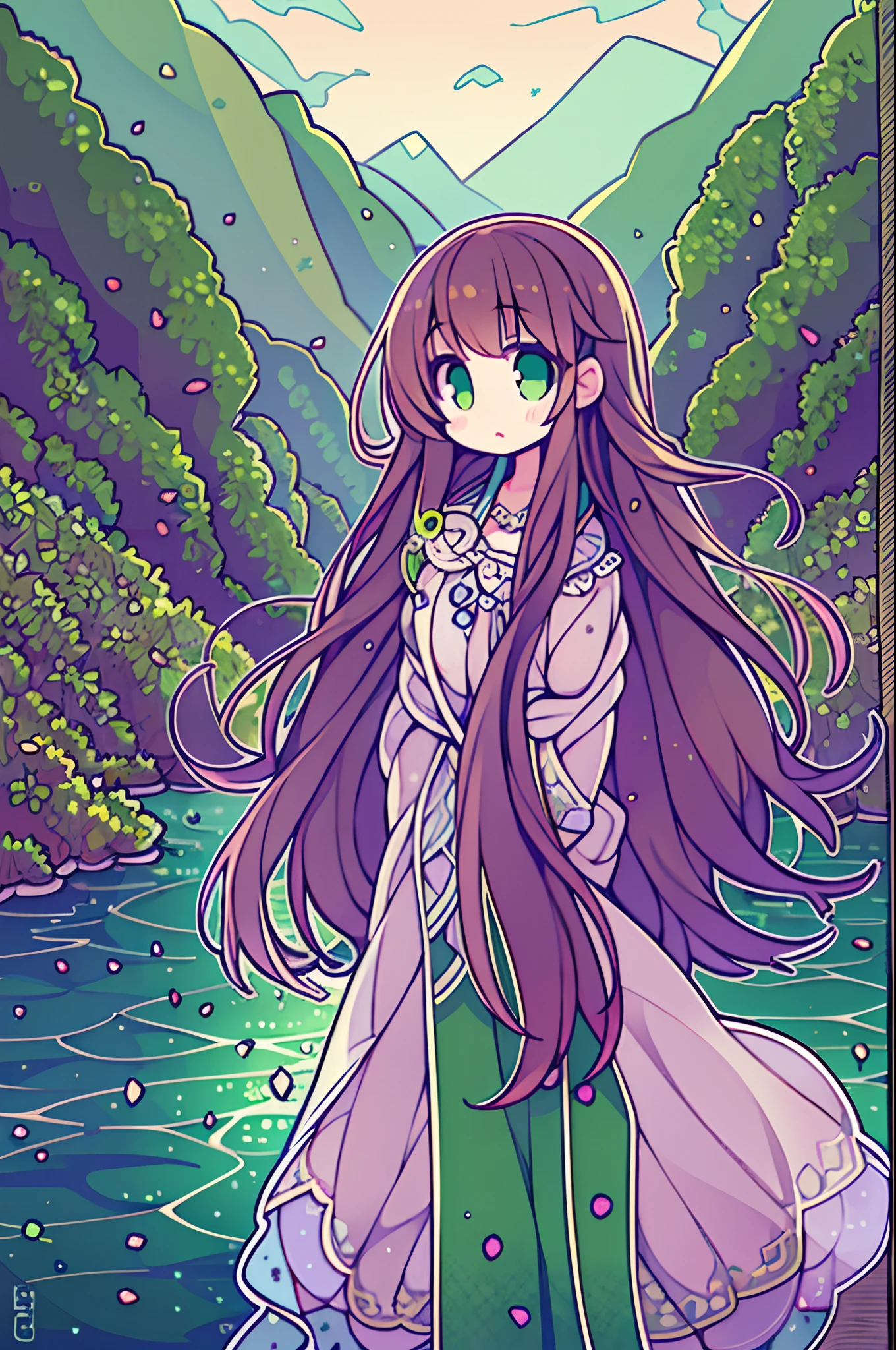 The costume, Long hair, girl, Big eyes, Green mountains and green water,