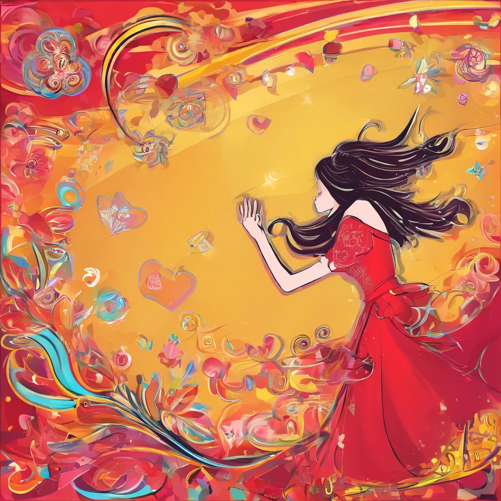 a girl in red dress,Focus on catching coins falling from the sky,She bathes in love and wealth,The expression is happy and satisfied。The main color of the picture is red、in pink、golden colored、amarelo