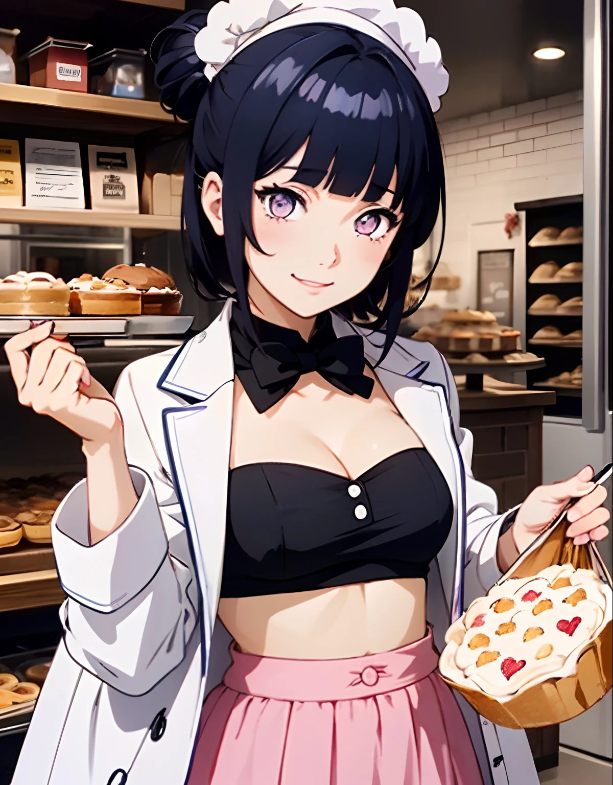 azhiichigo style,big eyes, thick lines, cute, 1girl, patisserie, baking goods, slim pink and white skirt, tube top with coat, purple eyes and dark blue hair in a bun, happy, floating, kawaii, cute, sparkles, magic bakery, Blunt Bangs