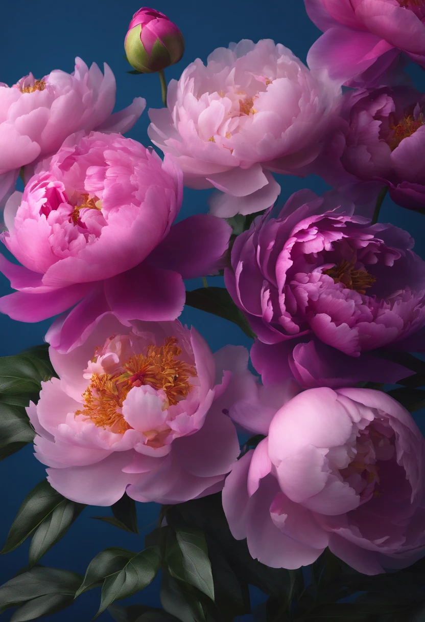 A lot of pink and purple peony flowers, Blue background, Highly detailed, Hyper-realistic, 。.3D, Octane Render, Bright colors, Digital Painting, Trending in art stations, Sharp Focus,