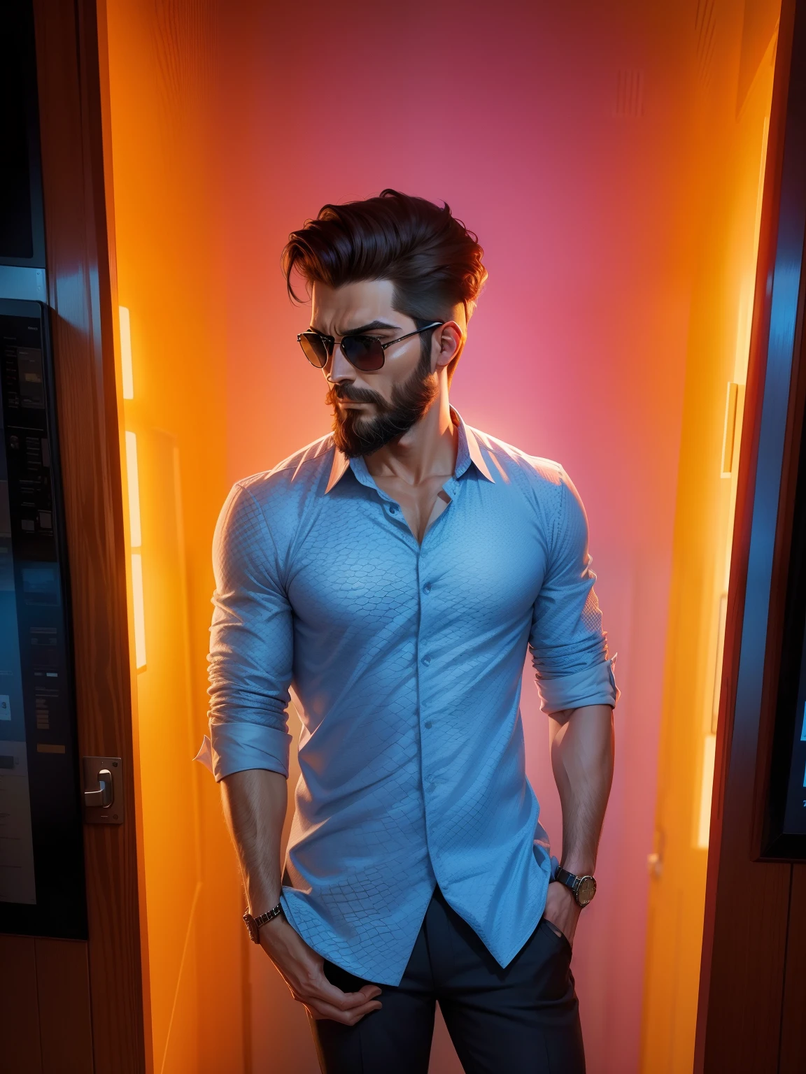 wire blazer Change shirt change background handsome 8k Ultra realistic realistic face sunglass hand watch realistic face Cyber park cool beards