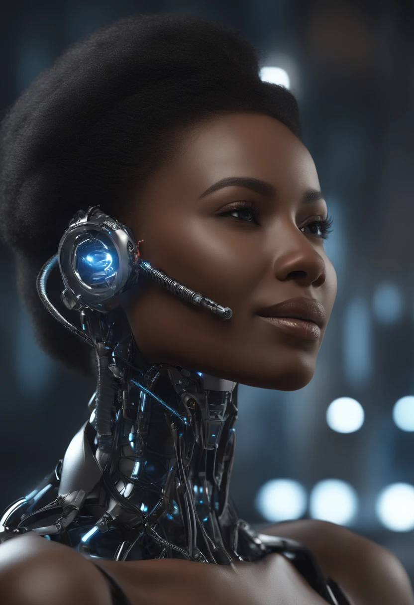 nousr robot, mostre o corpo inteiro, Complex 3D Rendering Beautiful Android Female Face of Smiling Black Woman, Amicable, sorrir, (corpo inteiro), ciborgue, Robot Parts, 150mm, beautiful studio soft light, Luz Lim, Detalhe animado, cyberpunk de luxo, surreal, Anatomical, face muscles, fio do cabo, microchip, fundo elegante e bonito, octan render, 8k