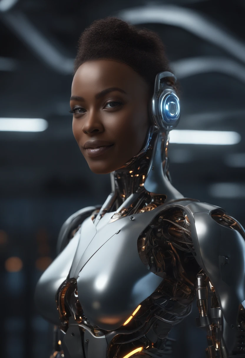 nousr robot, mostre o corpo inteiro, Complex 3D Rendering Beautiful Android Female Face of Smiling Black Woman, Amicable, sorrir, (corpo inteiro), ciborgue, Robot Parts, 150mm, beautiful studio soft light, Luz Lim, Detalhe animado, cyberpunk de luxo, surreal, Anatomical, face muscles, fio do cabo, microchip, fundo elegante e bonito, octan render, 8k