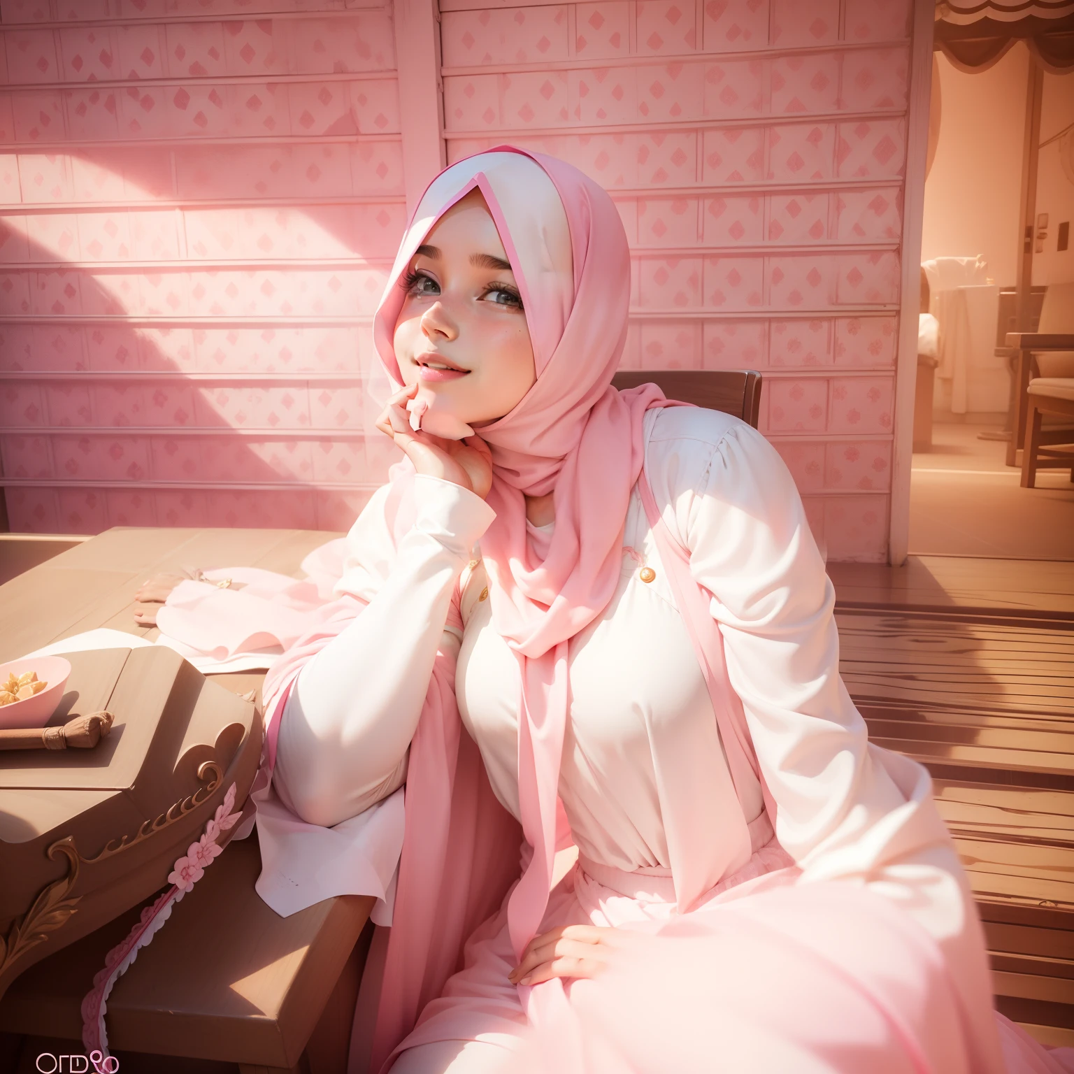 Cute girl sitting  in a chair with pink long hijab and white dress, shining and smiling realistic face,8k, ( NB: I don't want boobs)