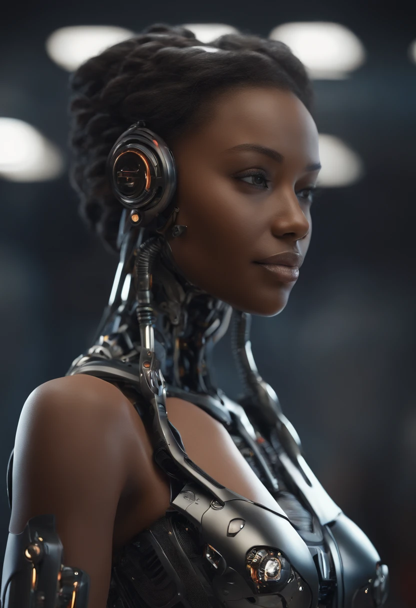 nousr robot, Mostre o corpo inteiro, Complex 3D Rendering Beautiful Android Female Face of Smiling Black Woman, Amicable, sorrir, (corpo inteiro), ciborgue, Robot Parts, 150mm, beautiful studio soft light, Luz Lim, Detalhe animado, cyberpunk de luxo, surreal, Anatomical, face muscles, fio do cabo, microchip, fundo elegante e bonito, octan render, 8k